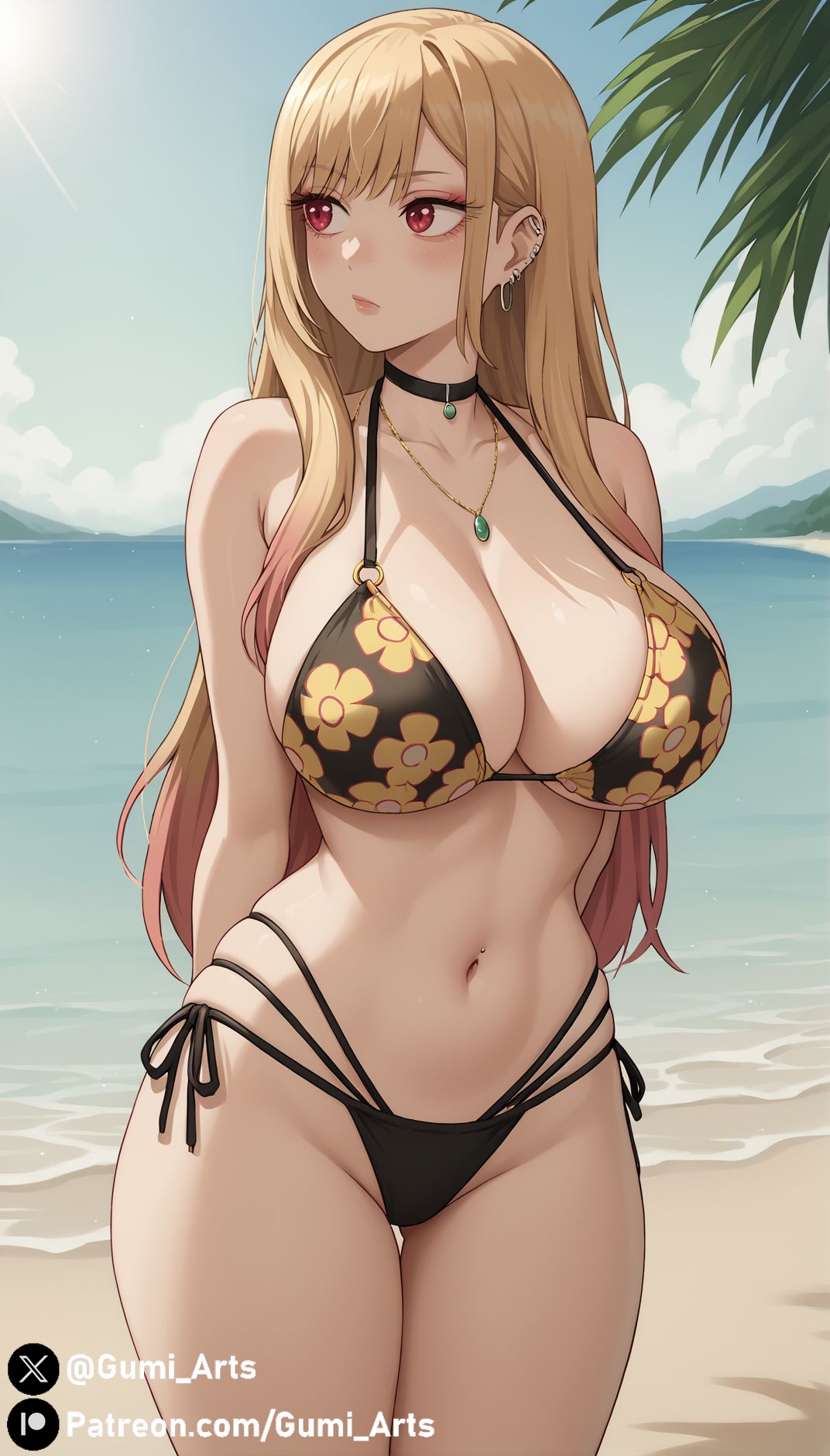 1girls, ai generated, arms behind back, beach, bikini, blonde hair, breasts, choker, cleavage, female, female only, gumi arts, human, kitagawa marin, large breasts, looking away, mommy, multicolored hair, navel, outdoors, red eyes, solo, sono bisque doll wa koi wo suru, stable diffusion, standing, wide hips