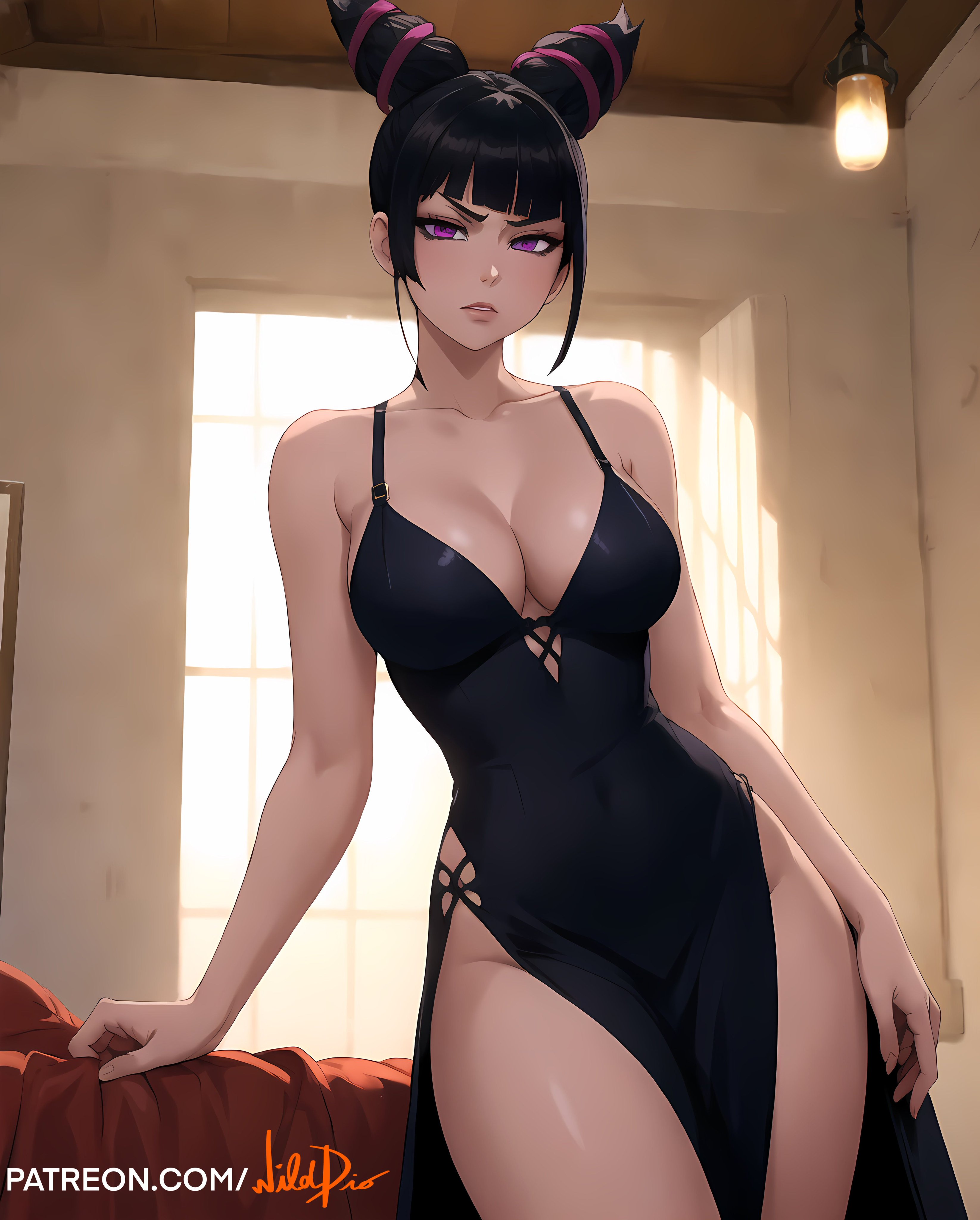 ai generated, ass, bare thighs, big ass, big breasts, big butt, black hair, blush, bob cut, breasts, dress, female, female only, juri han, long dress, looking at viewer, one piece dress, purple eyes, purple hair, slim waist, street fighter, street fighter 6, two-tone hair, wide hips, wilddio