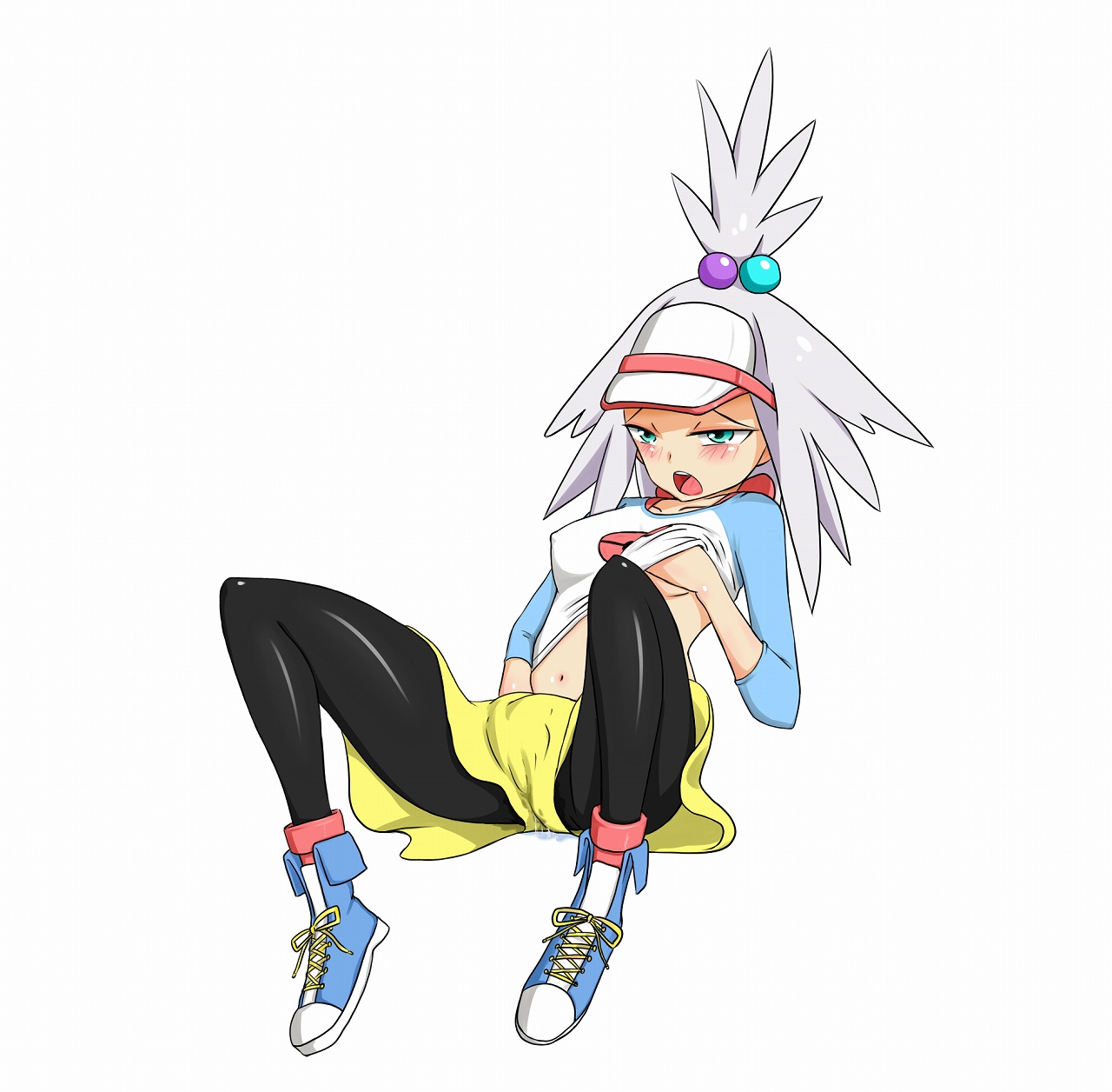 1girls, bad link, blue eyes, blush, breast grab, breasts, cosplay, female, female only, fingering, game freak, highres, human, hydrangia, masturbation, nintendo, pantyhose, pokemon, pokemon bw2, rosa (pokemon) (cosplay), roxie (pokemon), shirt, shirt lift, skirt, solo, visor, white background, white hair