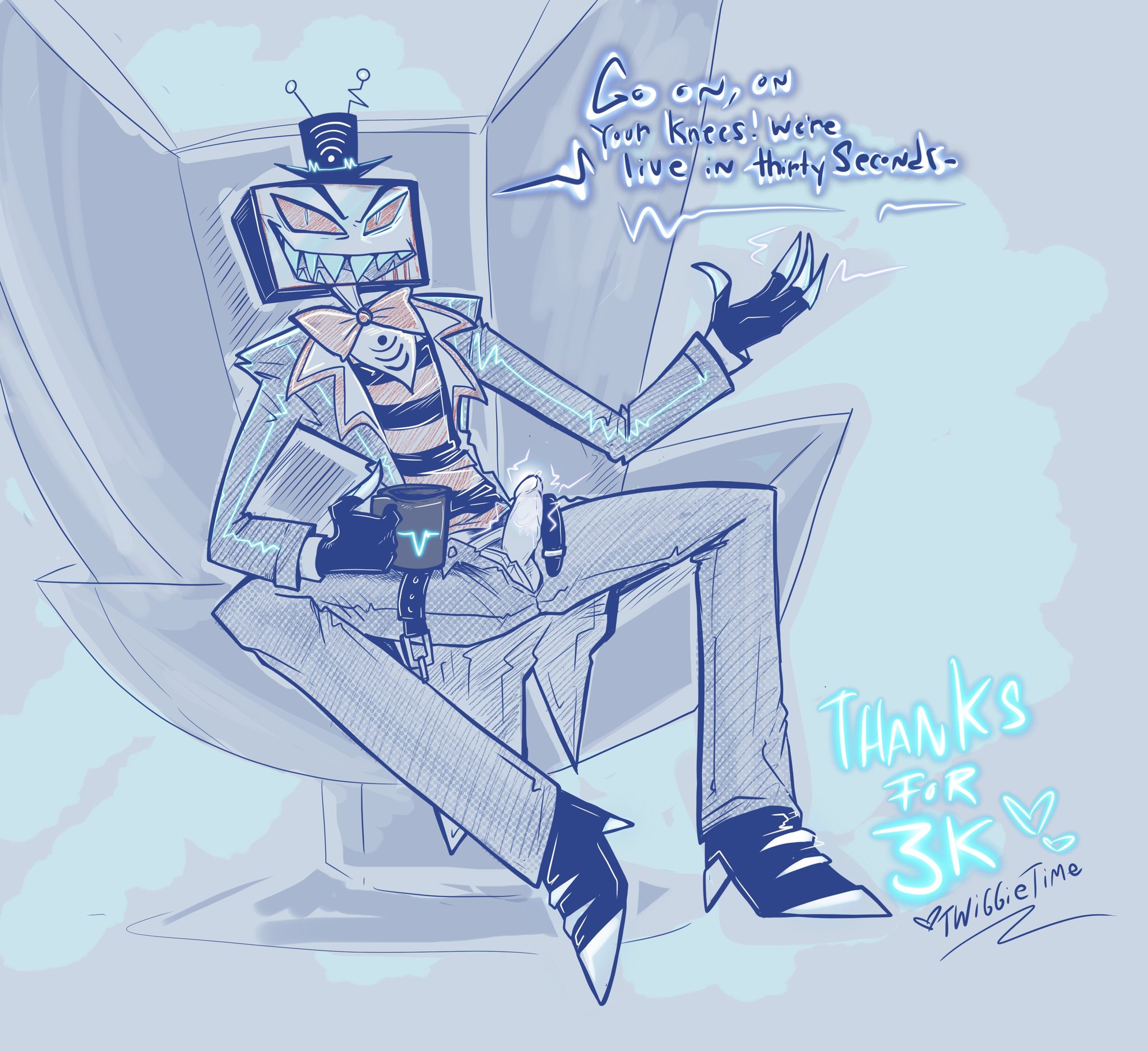 1boy, 2023, 2d, belt, bowtie, chair, clothing, color, english text, erect penis, erection, hat, hazbin hotel, male, mostly clothed, mug, pants, penis, penis out, presenting penis, shirt, shoes, solo male, suit, suit and tie, talking to viewer, text, tie, twiggietime, unbuckled belt, unbuttoned pants, vivienne medrano, vox (hazbin hotel), watermark