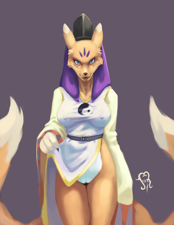 anthro blue_eyes canine digimon female flashing fox fur furry hat johedveigd looking_at_viewer multiple_tails pussy solo taomon