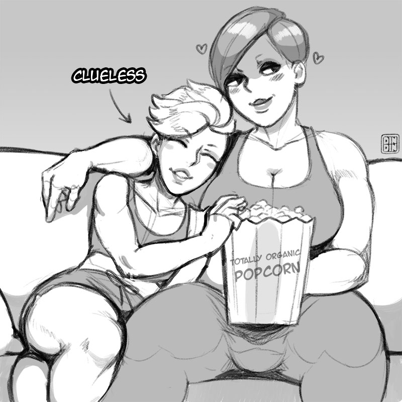 1boy 1futa balls big_breasts big_penis breasts clothed clothing dindin duo erection femboy fully_clothed futa_on_femboy futa_on_male futanari greyscale hidden_penis human larger_futanari lise_(star_periphery) male penis popcorn popcorn_bucket short_hair sitting star_periphery tanktop twink-kun_(star_periphery) unaware