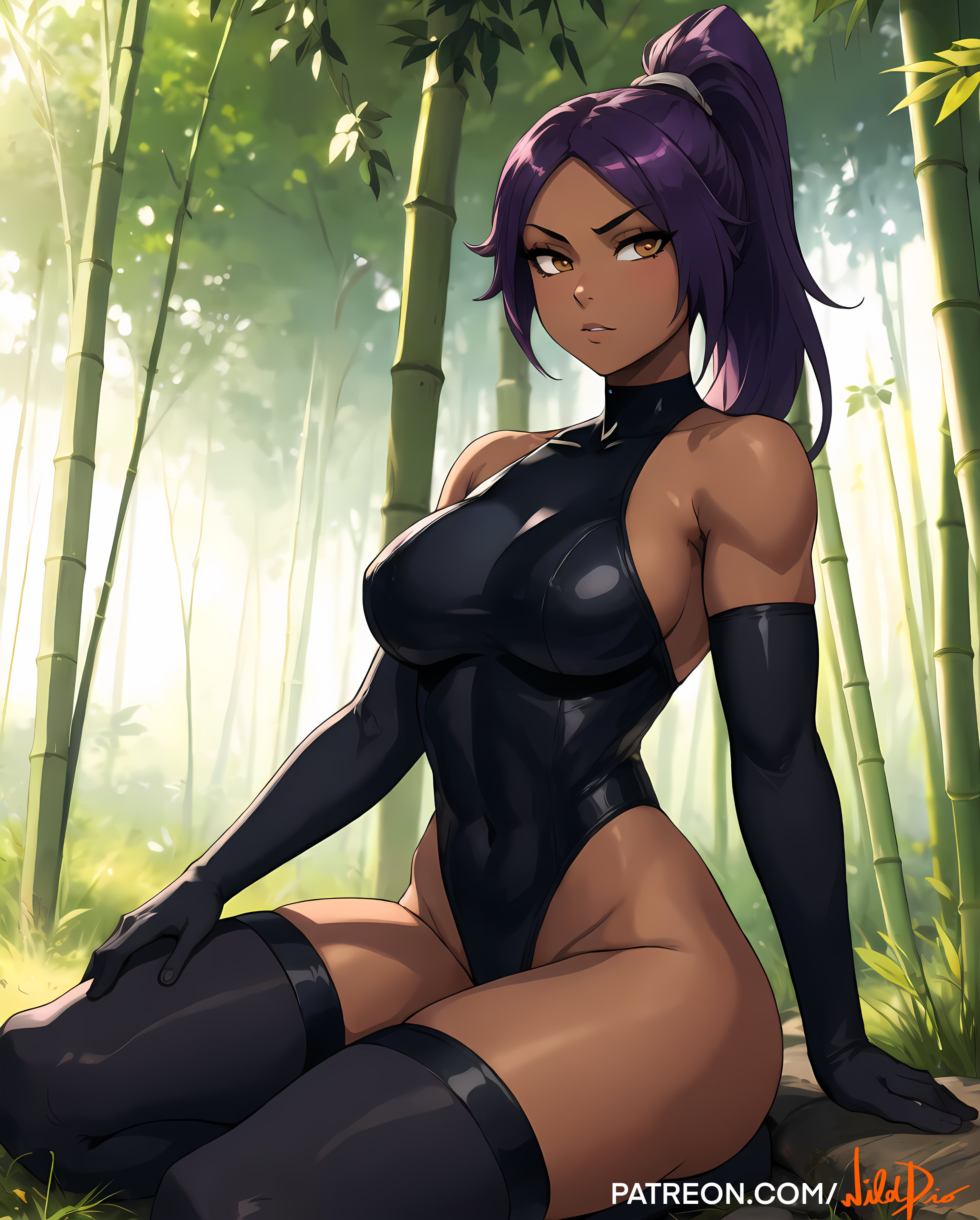 1girls, ai generated, big breasts, bleach, bleach: the thousand-year blood war, breasts, dark skin, dark-skinned female, female, female only, gloves, long hair, one piece swimsuit, purple hair, shihouin yoruichi, side view, sideboob, sitting, six pack, slim waist, solo, spread legs, thick lips, thick thighs, thighhighs, tied hair, wide hips, wilddio, yellow eyes