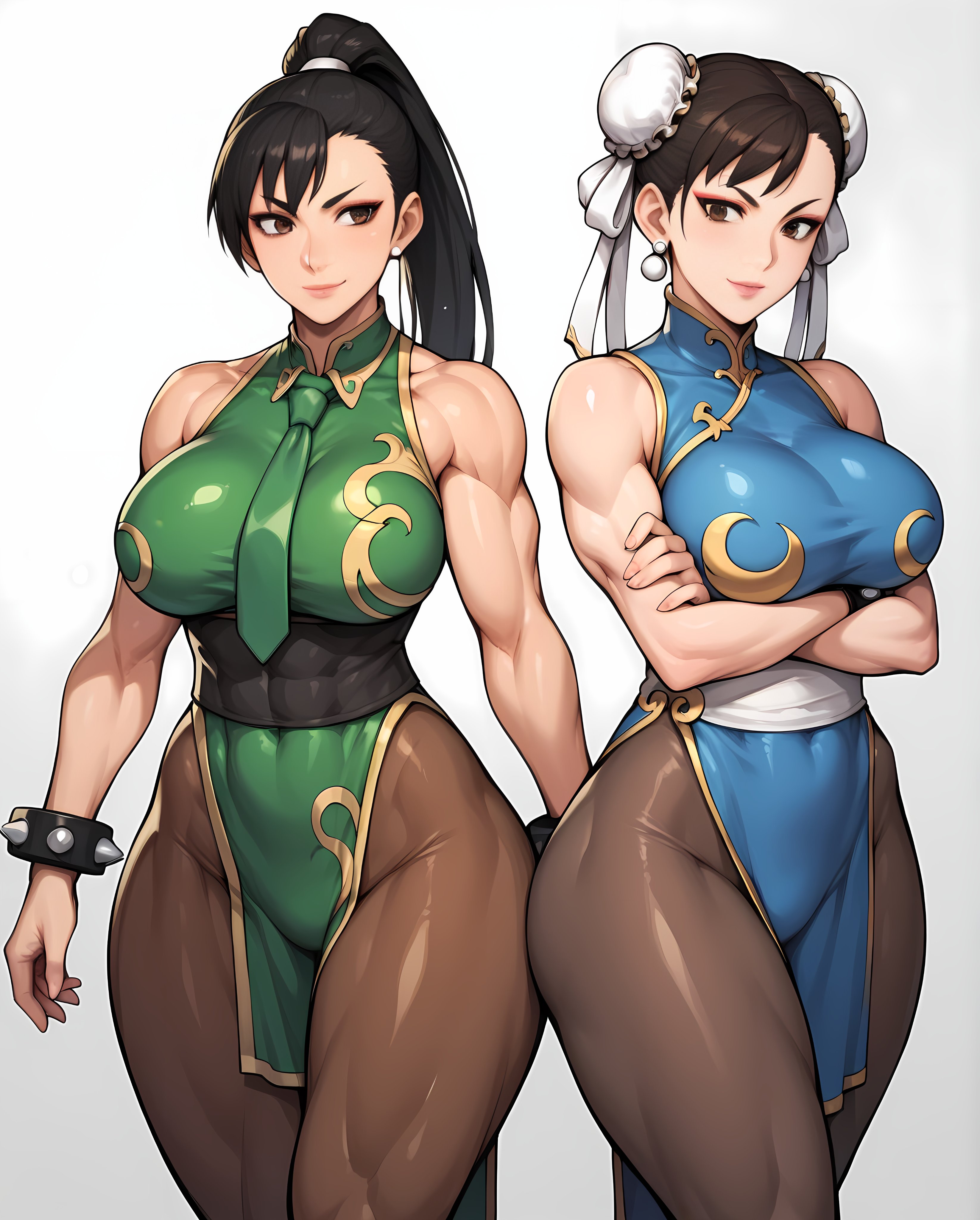 2girls, ai generated, asian female, ass, belly button, big ass, big breasts, big butt, black hair, blush, breasts, buff, chun-li, eve (stellar blade), female, female only, human, long hair, looking at viewer, miniskirt, multiple females, multiple girls, muscular, muscular female, skirt, slim waist, smile, smiling, smiling at viewer, stellar blade, street fighter, thick ass, thick hips, thick thighs, tied hair, wide hips, wilddio