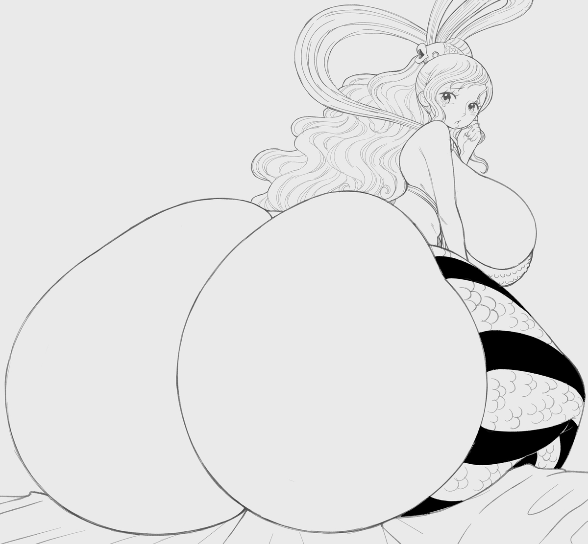1girls, ass, ass focus, big ass, big breasts, big butt, breasts, bubble ass, bubble butt, female, female only, giantess, gigantic ass, huge ass, huge breasts, hyper ass, long hair, looking back, massive ass, merfolk, mermaid, monochrome, one piece, shirahoshi, thanuki, thanukiart