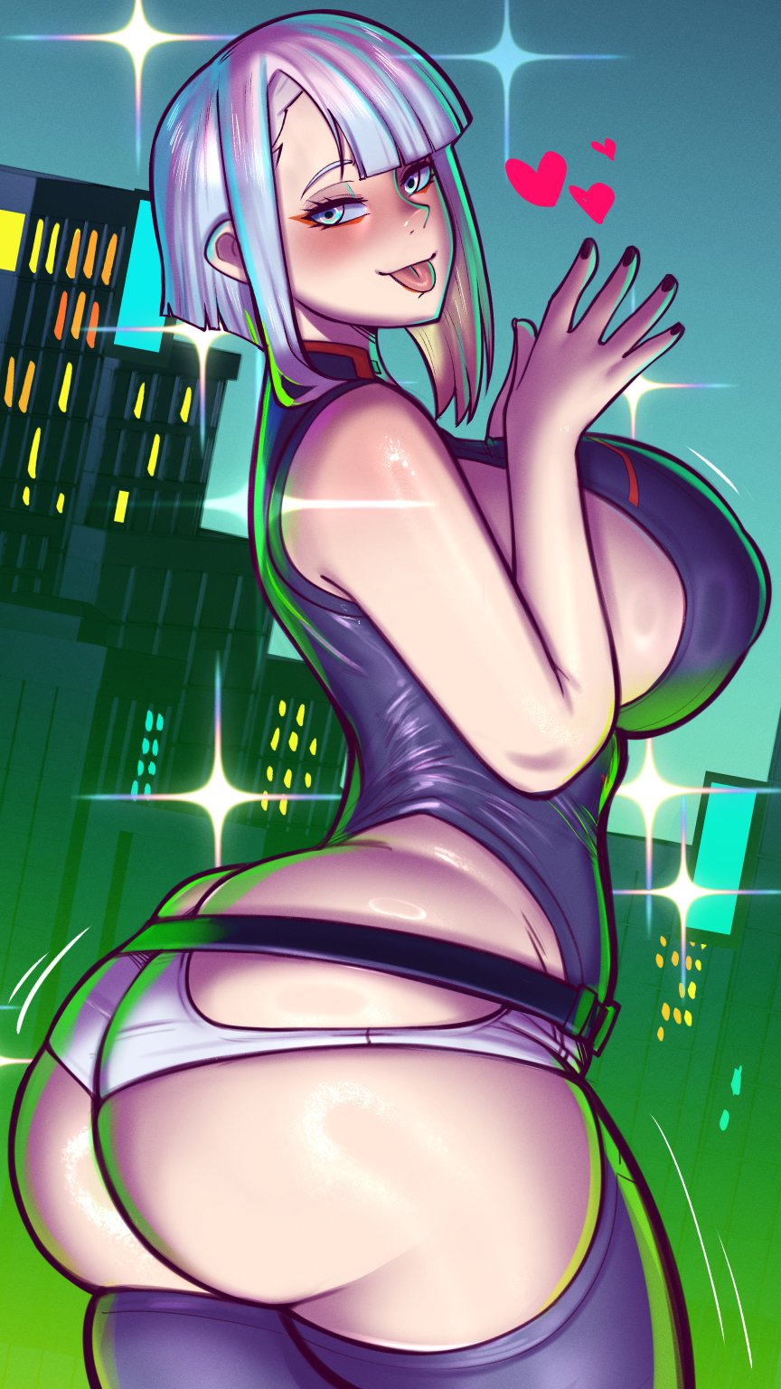 1girls ass breasts cyberpunk:_edgerunners female female_only joylewds large_ass large_breasts light-skinned_female light_skin looking_at_viewer looking_back lucyna_kushinada solo thighs