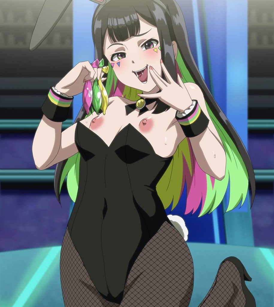 animal_ears beyblade_x blush breasts_out bunnysuit condom fake_animal_ears fake_rabbit_ears fishnets heels leotard long_hair looking_at_viewer makino_tomoyasu multicolored_hair nanairo_multi open_mouth small_breasts smile solo solo_female tight_clothing