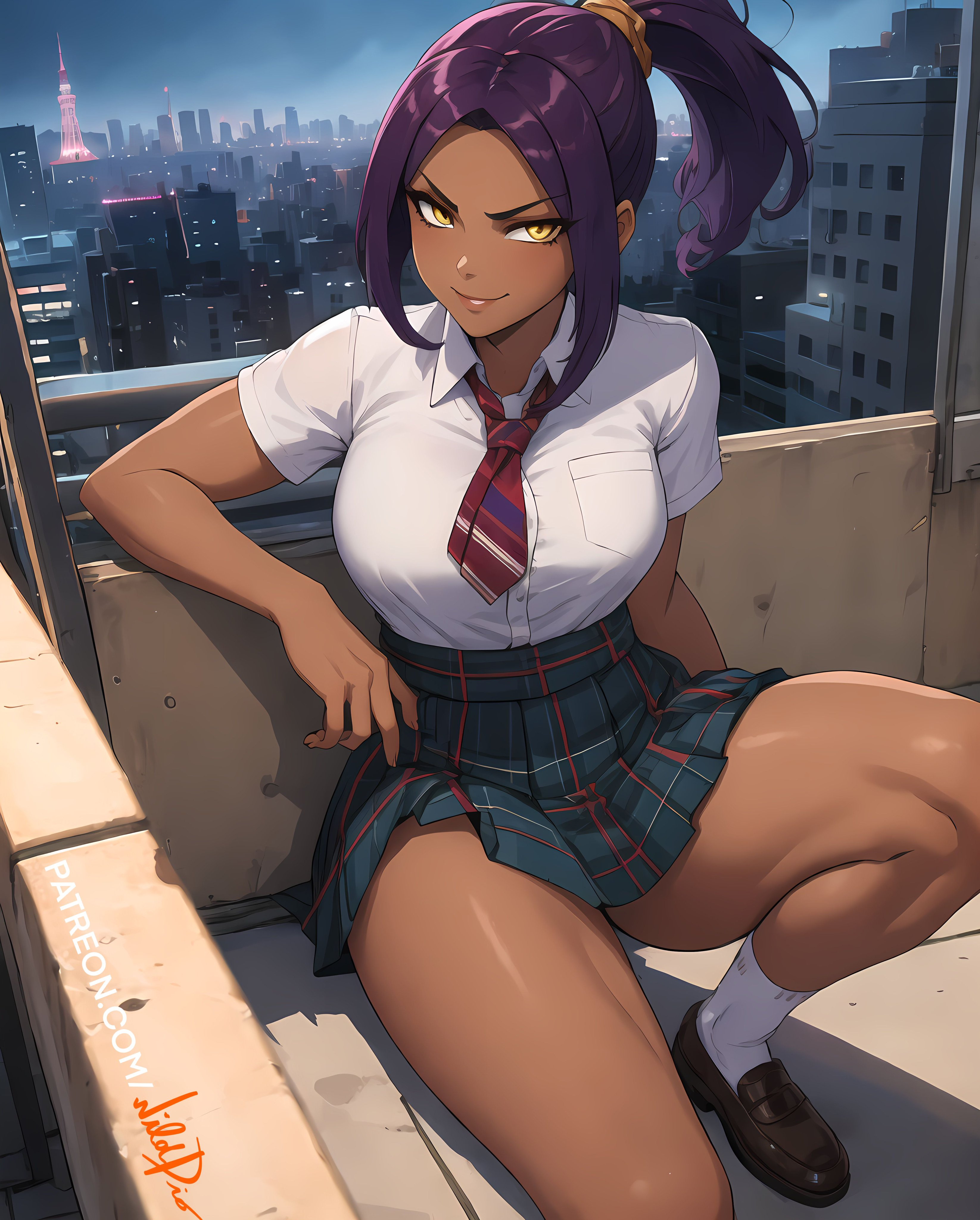 1girls, ai generated, bare legs, bare thighs, big breasts, bleach, bleach: the thousand-year blood war, breasts, dark skin, dark-skinned female, female, female only, long hair, looking at viewer, orange eyes, purple hair, school uniform, schoolgirl, schoolgirl uniform, selfie, shihouin yoruichi, skirt, slim waist, smiling, smiling at viewer, socks, solo, thick thighs, tied hair, wide hips, wilddio, yellow eyes