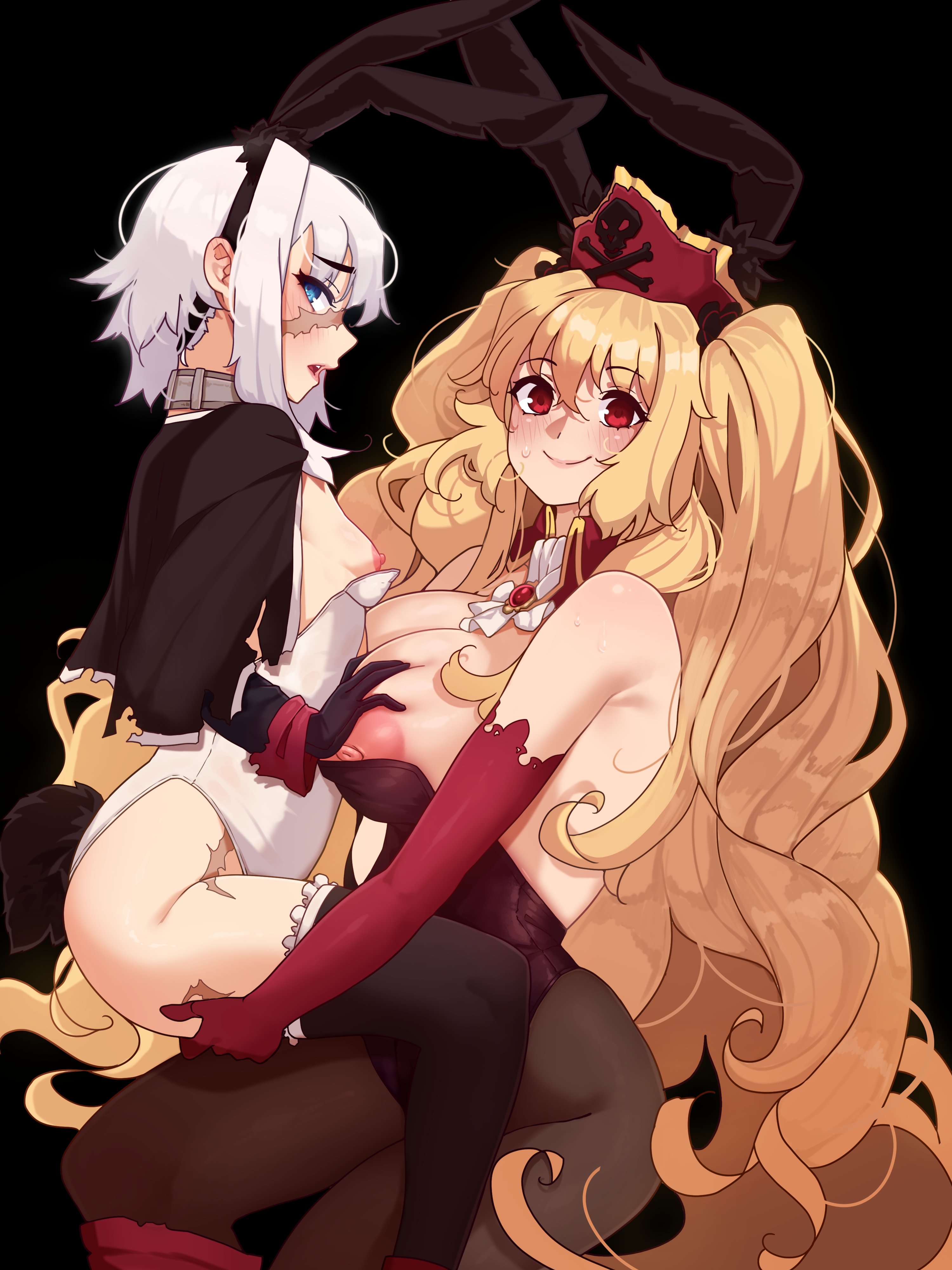 2024, 2girls, anne bonny (fate/grand order), big breasts, blonde hair, blue eyes, breasts, bunny ears, bunnysuit, clothed, clothing, elbow gloves, fate (series), fate/grand order, female, female only, gloves, hat, human, larger female, leotard, light skin, light-skinned female, long hair, mary read (fate/grand order), mostly clothed, multiple females, multiple girls, pirate hat, red eyes, scar, scar on face, short hair, side view, sitting, size difference, small breasts, straddling, thick thighs, thighhighs, todding, white hair, wide hips, yuri