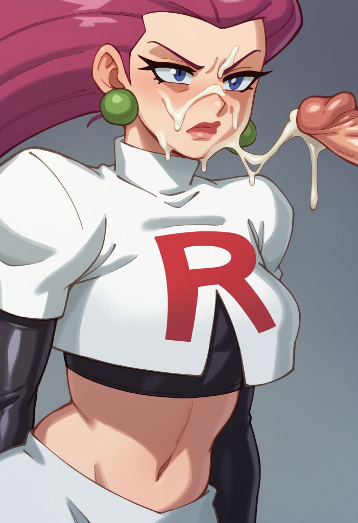 ai generated, clothed, cum, cum on face, cumshot, dripping, dripping cum, female, jessie (pokemon), male, partial male, pokemon, team rocket