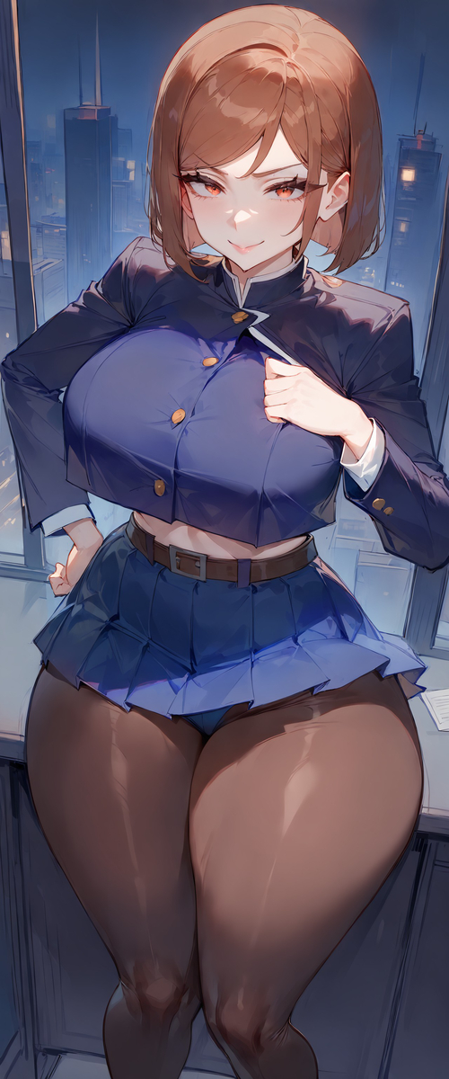 1girls, abs, ai generated, ass, ass focus, big ass, big breasts, big butt, breasts, female, female only, fit, fit female, huge ass, huge thighs, human, jujutsu kaisen, kugisaki nobara, naughty face, school uniform, seductive, seductive look, slim waist, solo, thick ass, thick thighs, wide hips