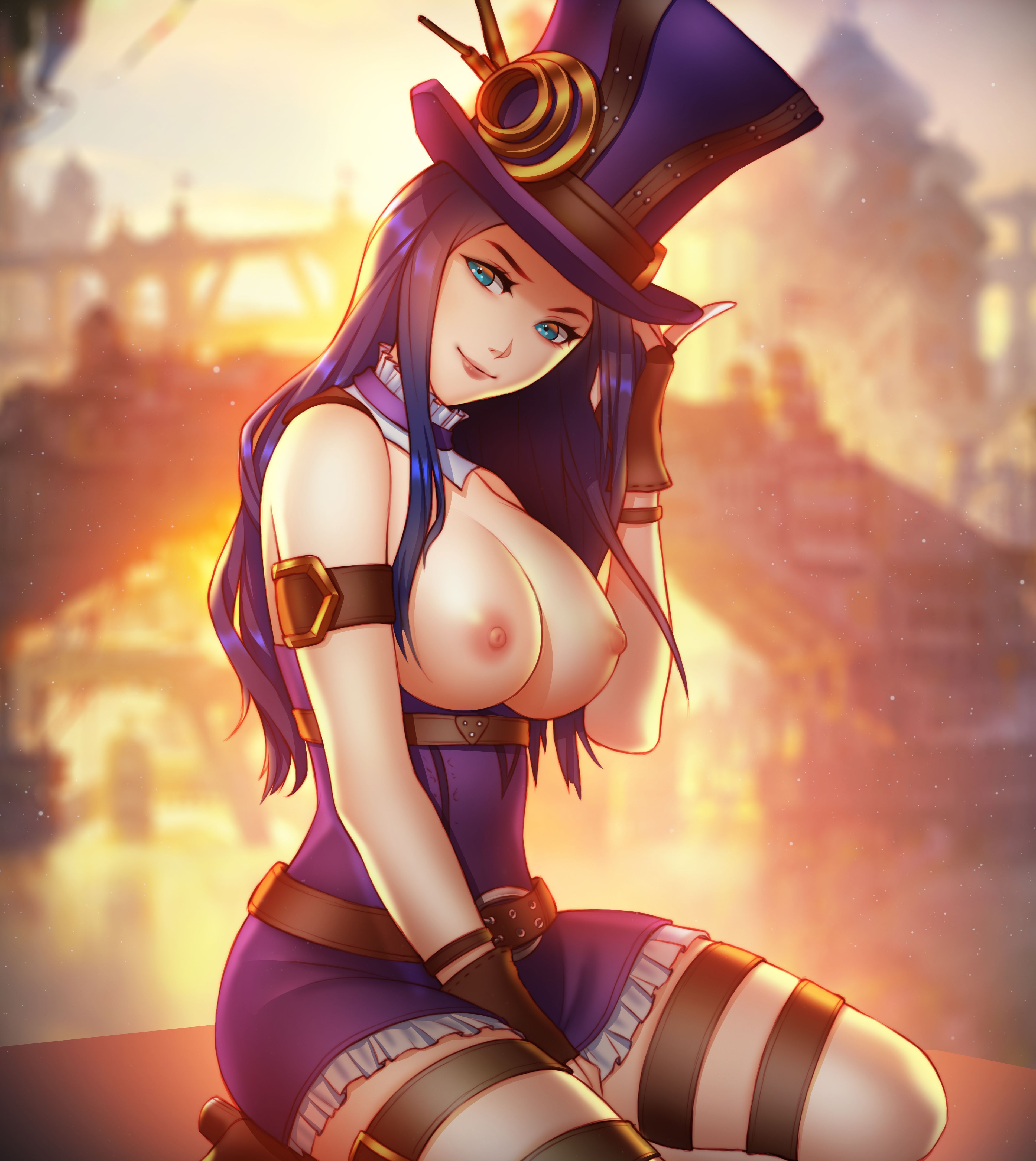 absurdres, areolae, big breasts, breasts, caitlyn kiramman, female, female only, highres, large breasts, league of legends, looking at viewer, nipples, pinkladymage, solo