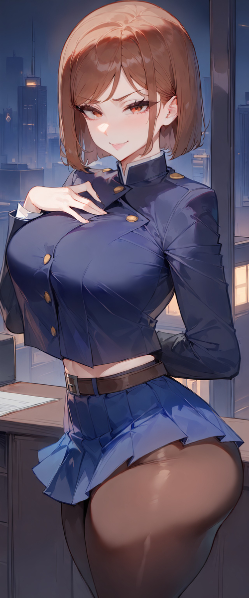 1girls, abs, ai generated, ass, ass focus, big ass, big breasts, big butt, breasts, female, female only, fit, fit female, huge ass, human, jujutsu kaisen, kugisaki nobara, naughty face, school uniform, seductive, seductive look, slim waist, solo, wide hips