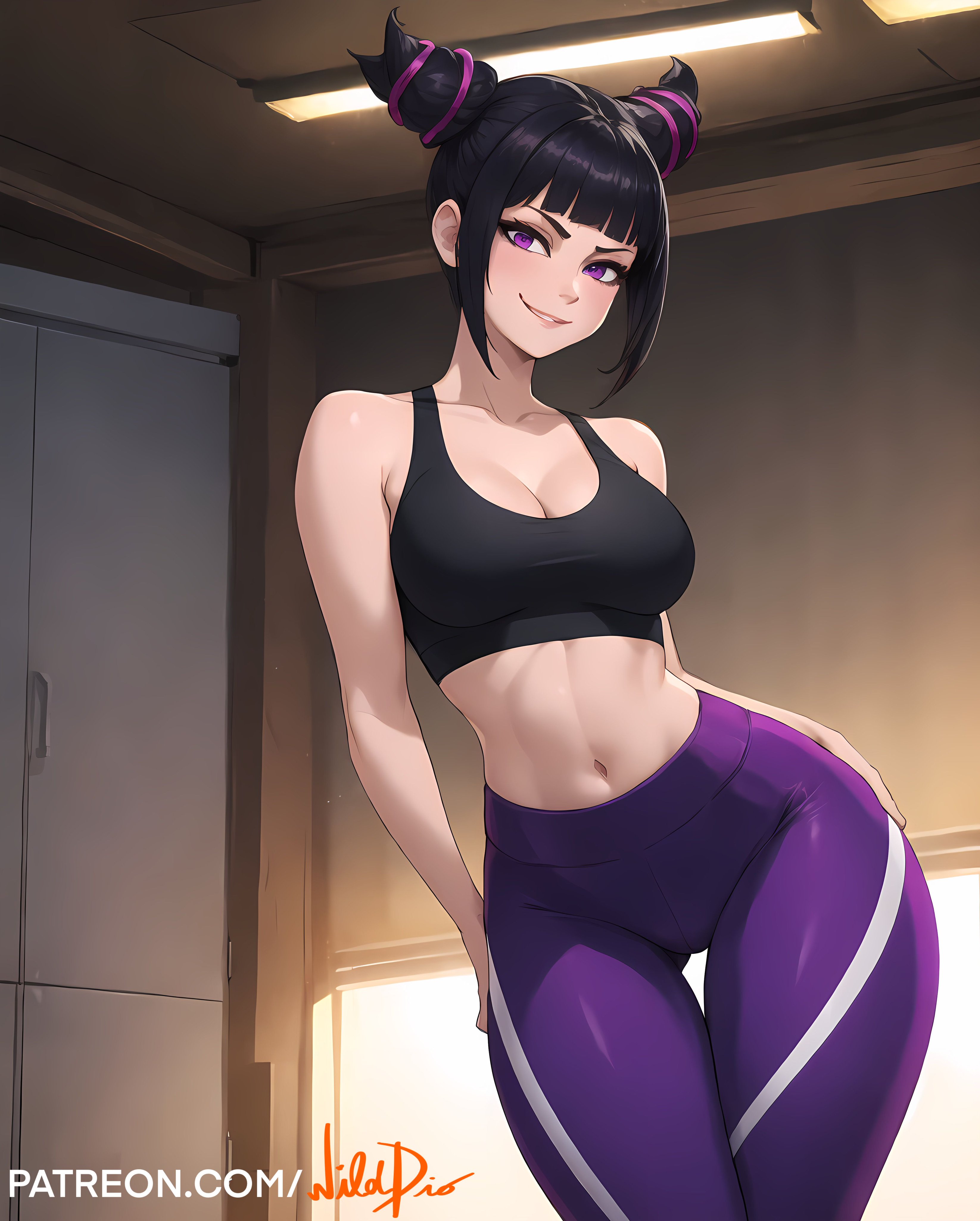 ai generated, ass, bare belly, belly button, big ass, big butt, black hair, breasts, female, female only, gym uniform, juri han, looking at viewer, purple eyes, purple hair, sideboob, slim waist, smiling, smiling at viewer, sports bra, sportswear, street fighter, street fighter 6, thick ass, thick hips, thick thighs, tied hair, top, two-tone hair, wide hips, wilddio