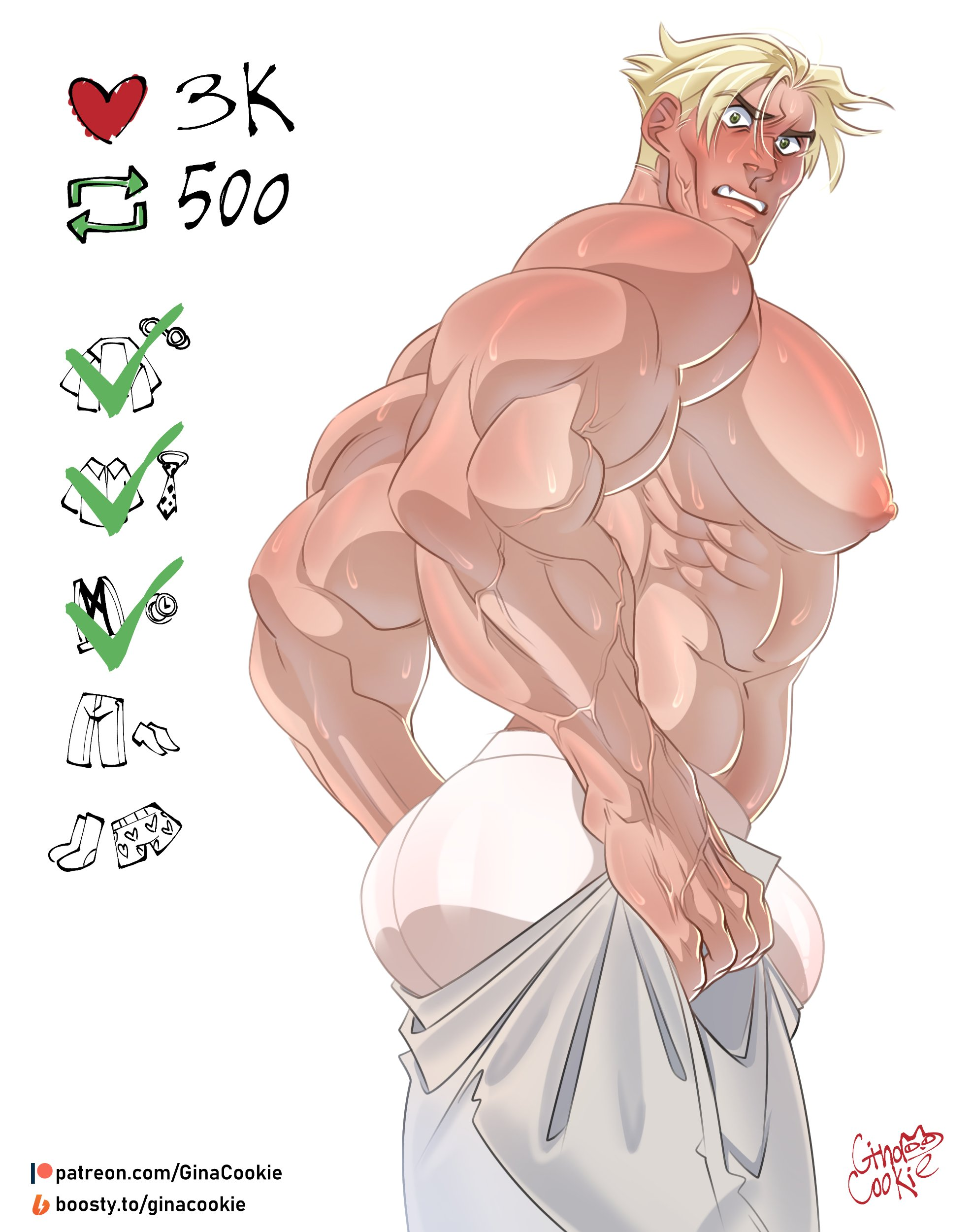 1boy, bara, blonde hair, blush, bulge, ginacookies, jujutsu kaisen, kento nanami, male, male nipples, male only, meme, muscular, muscular male, nipples, penis, penis outline, tight pants (meme), underwear, yaoi