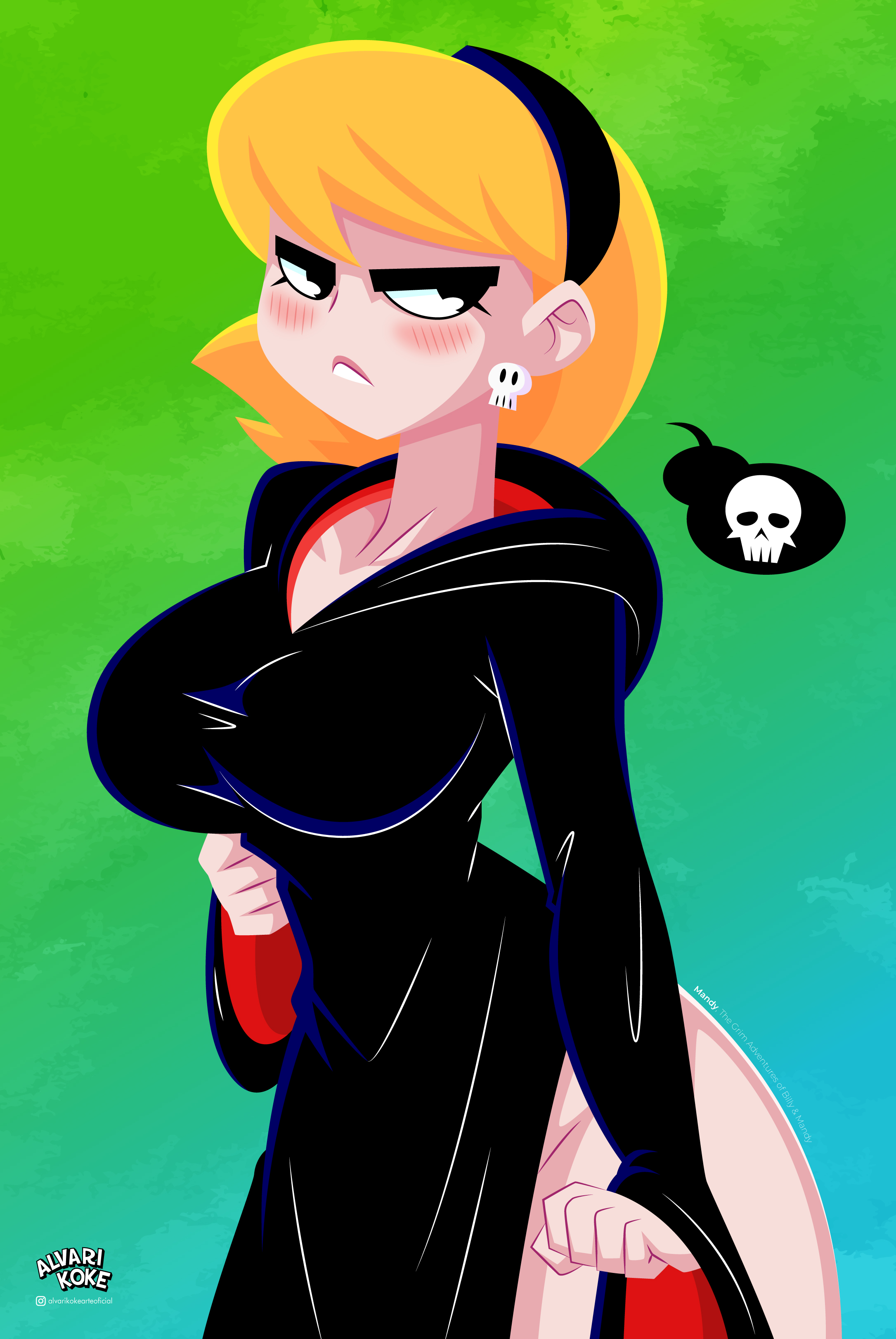 1girls, alvarikokearte, bare thighs, big breasts, black eyes, blonde hair, blush, breasts, clothed, clothing, color, female, female focus, female only, hi res, human, large breasts, light skin, light-skinned female, looking at another, mandy (billy and mandy), outerwear, pale skin, short hair, solo, solo female, tagme, the grim adventures of billy and mandy, thick thighs