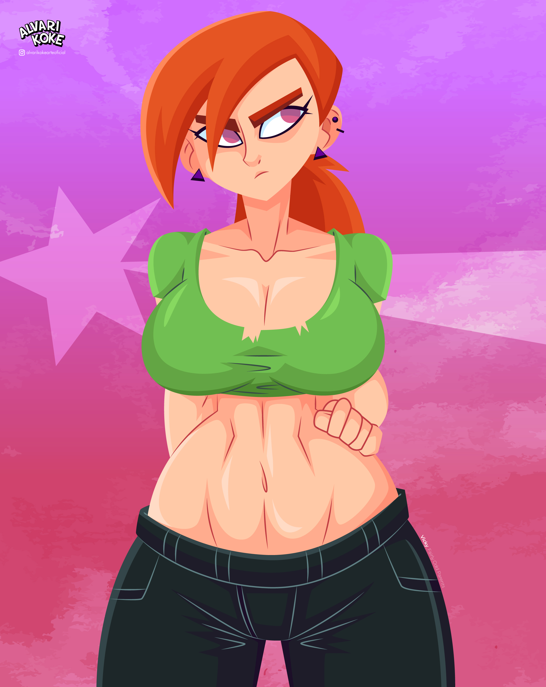 1girls, abs, alvarikokearte, bare arms, big breasts, breasts, clothed, clothing, color, female, female focus, female only, fit, fit female, hi res, large breasts, light skin, light-skinned female, orange hair, purple eyes, red head, shirt, short hair, solo, solo female, tagme, the fairly oddparents, thick thighs, vicky (fairly odd parents)