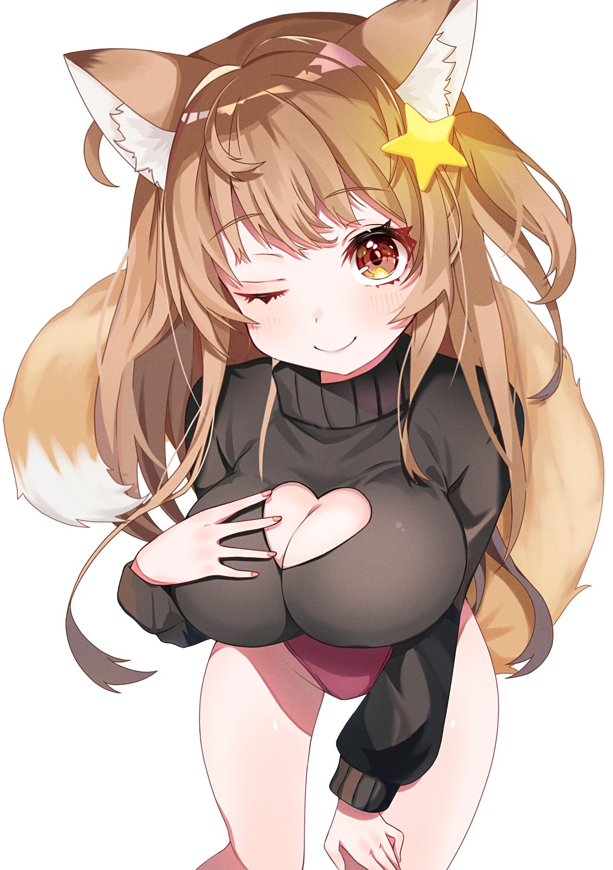 1girls, animal ears, annytf, black sweater, boob window, breasts, female, female only, fox ears, fox girl, fox tail, hair ornament, huge breasts, indie virtual youtuber, light brown hair, light skin, light-skinned female, one eye closed, rojineco nene, solo, star hair ornament, sweater, tail, virtual youtuber, yellow eye