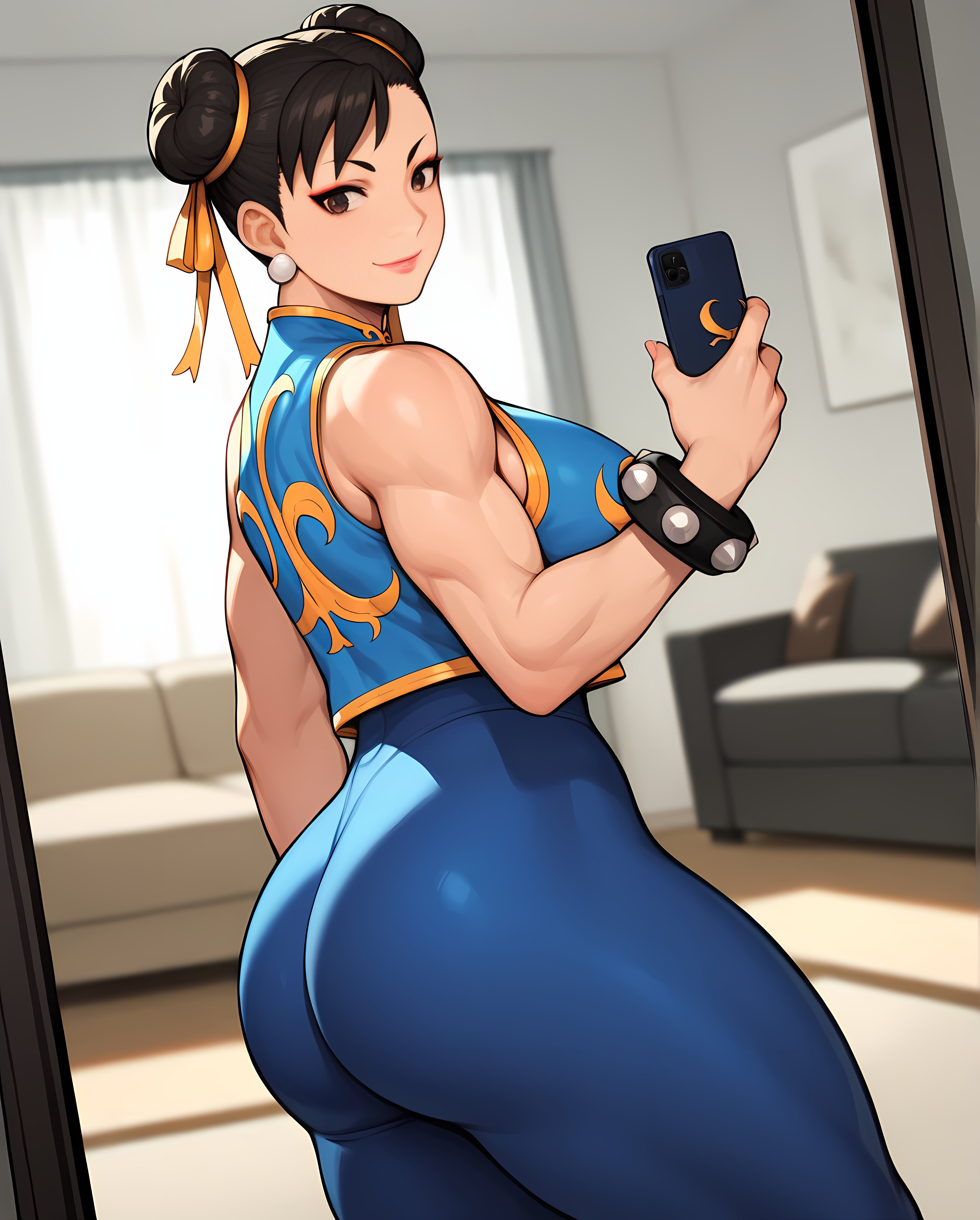 1girls, ai generated, asian, asian female, ass, big ass, big breasts, big butt, black hair, breasts, buff, chun-li, earrings, female, female only, human, leggings, looking at viewer, looking back, muscular, muscular female, side view, sideboob, sleeveless jacket, sleeveless shirt, slim waist, solo, street fighter, street fighter alpha, thick thighs, tied hair, wide hips, wilddio