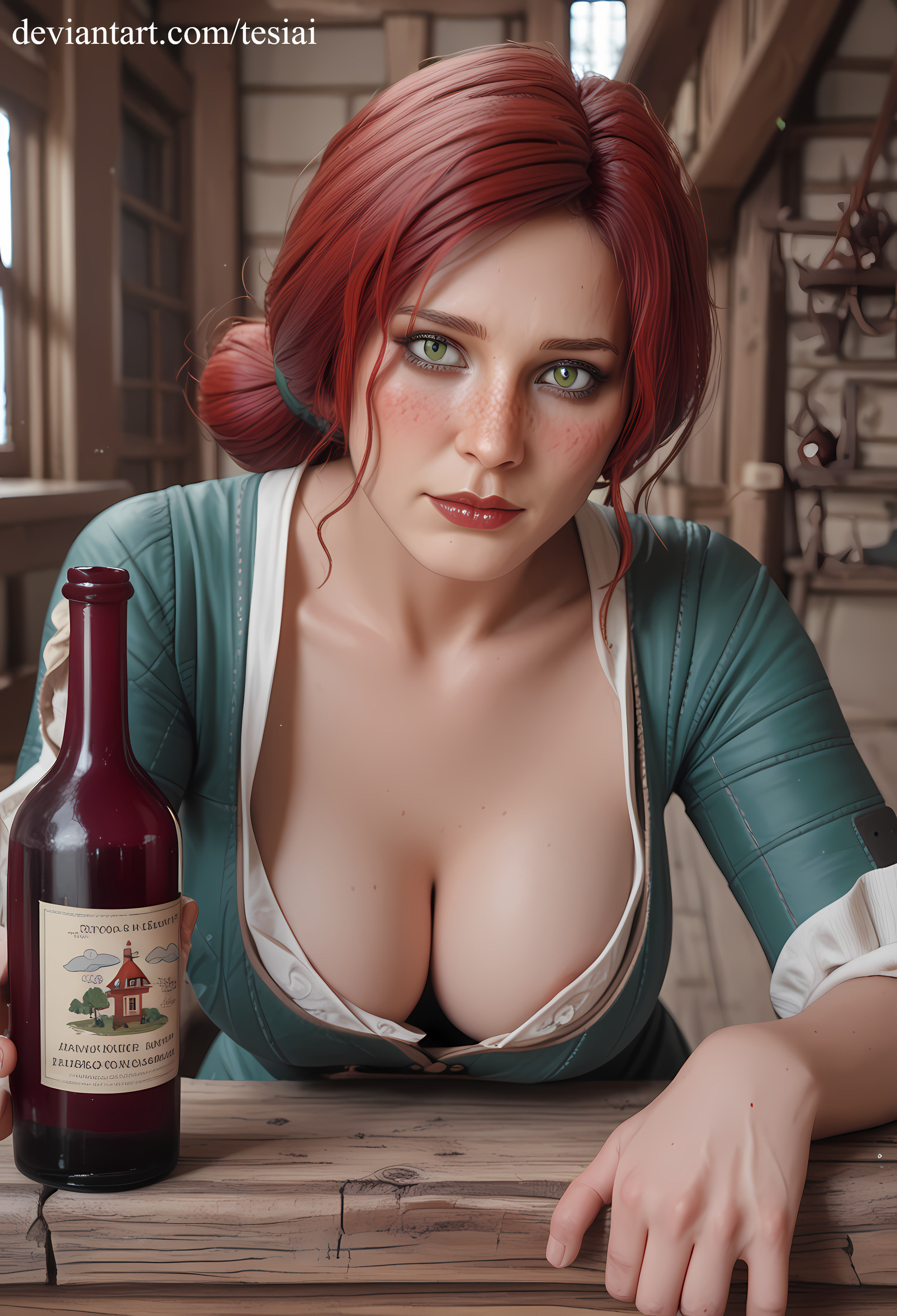 ai generated, big breasts, breasts, clothing, female, freckles, green eyes, light skin, light-skinned female, looking at viewer, red hair, solo, tesiai, the witcher (series), the witcher 3: wild hunt, triss merigold
