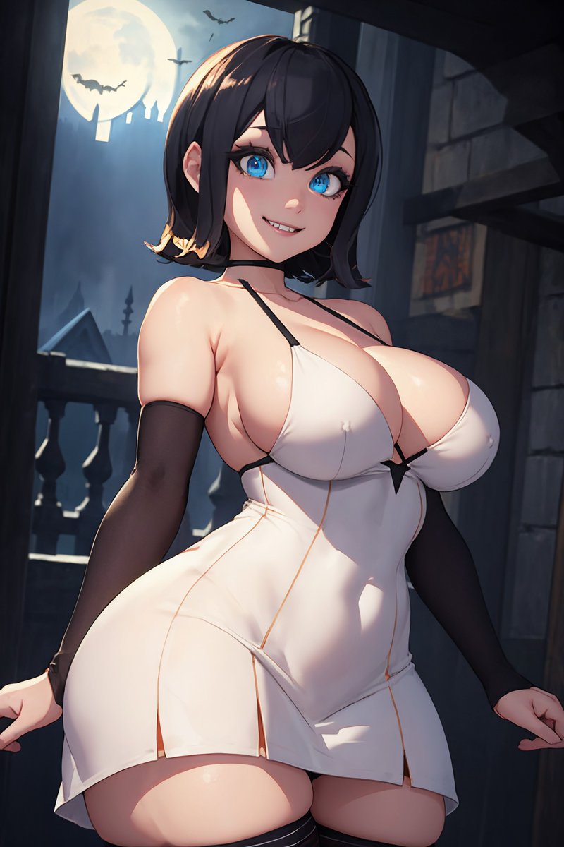 1girls, 1milf, 1monster, ai generated, big breasts, blue eyes, breasts, cleavage, female, hotel transylvania, mavis dracula, short hair, stockings, thighhighs, thighs, vampire, vampire girl