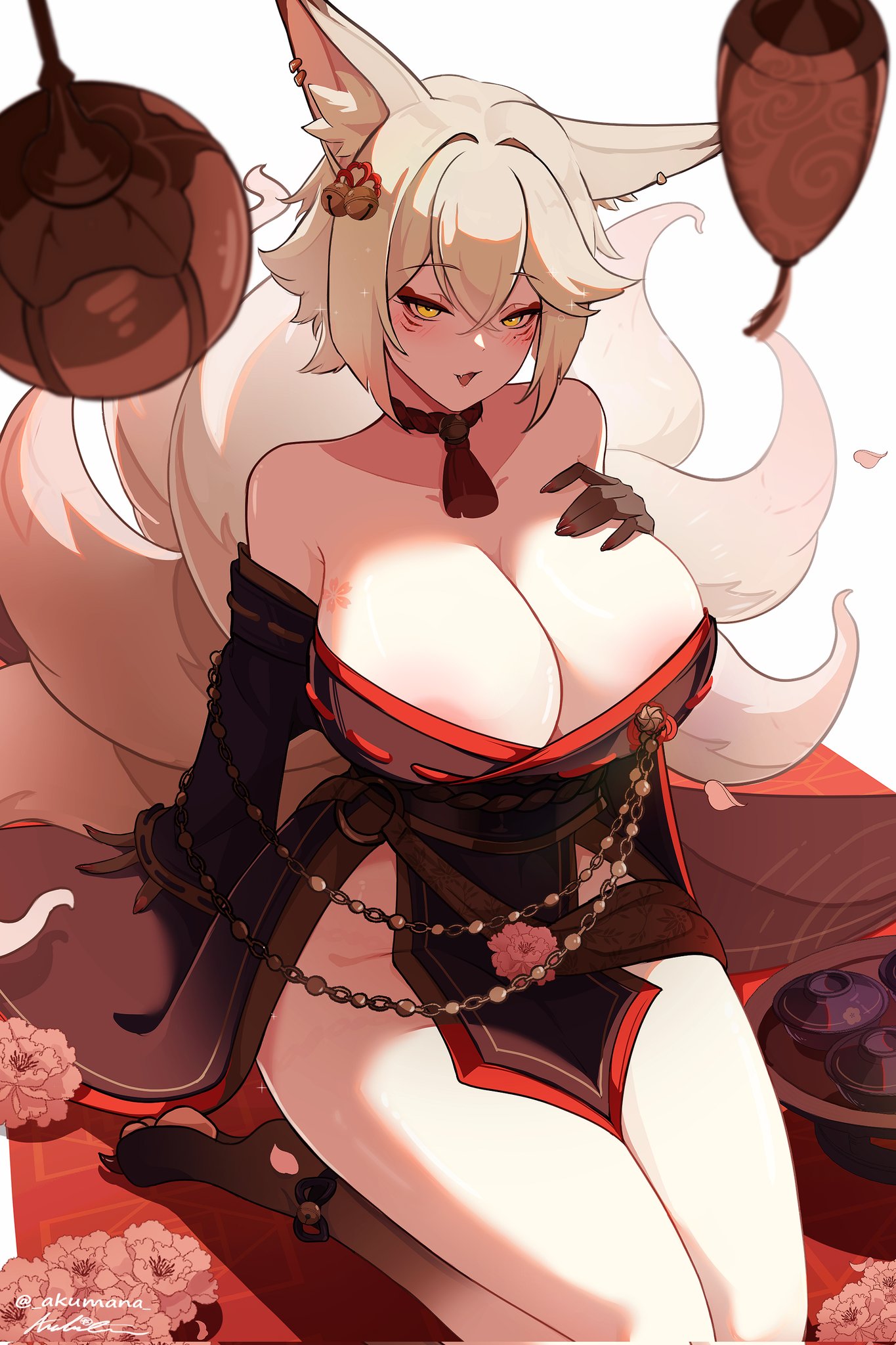 akumana, big breasts, blonde hair, breasts, ear piercing, earrings, female, fox girl, kitsune, tail, thighs