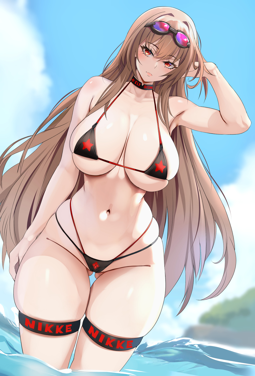 1girls alternate_version_available ass_visible_through_thighs big_breasts bikini choker cleavage female female_only fully_clothed goddess_of_victory:_nikke hourglass_figure idrawbaes outdoors rapi_(nikke) red_eyes revealing_clothes skimpy_clothes solo solo_female standing swim_goggles swimwear thigh_band thigh_gap tight_clothing water