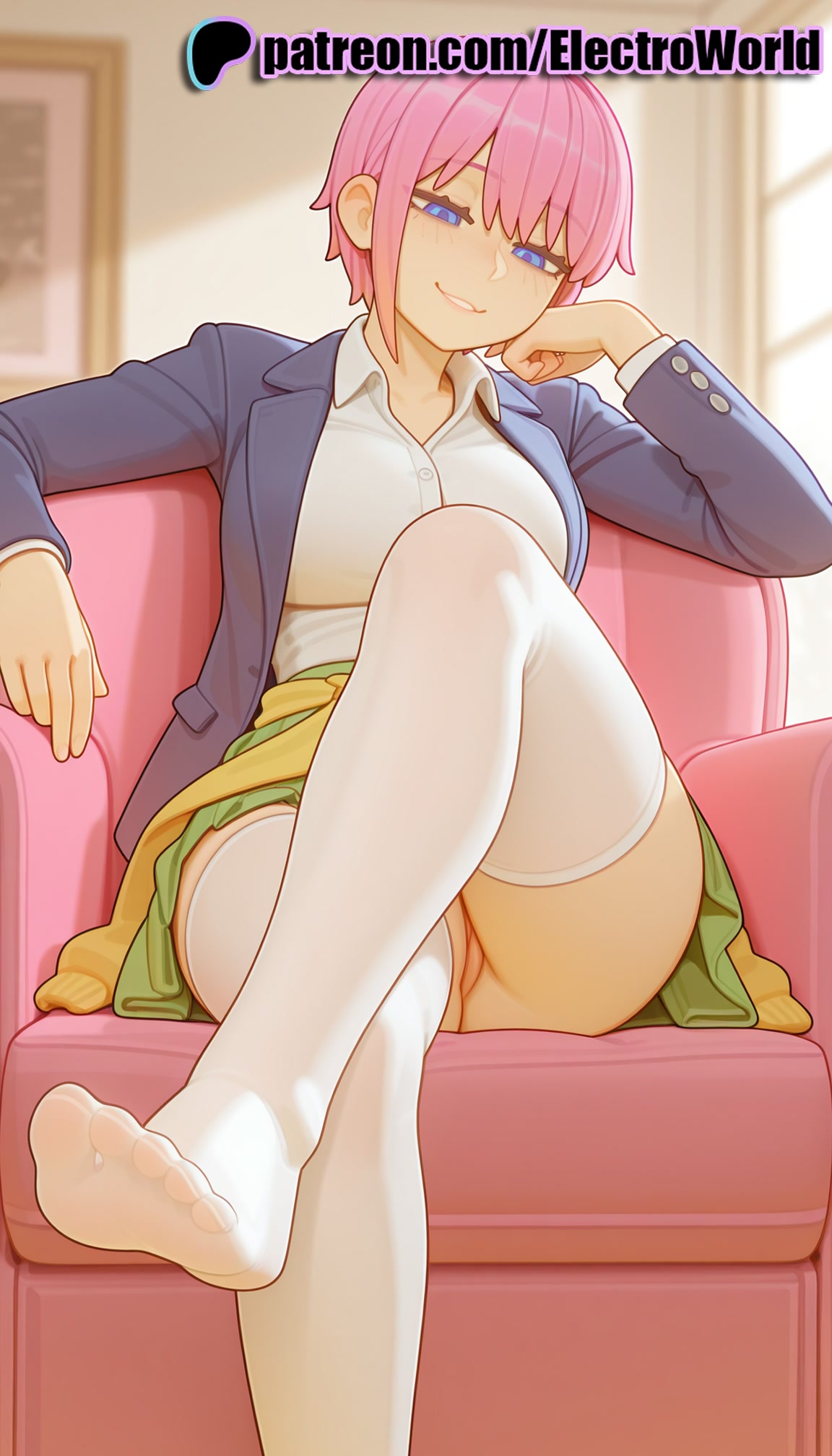 1girls, 2025, ai generated, artist name, blue eyes, chair, clitoral hood, clitoris, couch, crossed legs, electroworld, exposed pussy, feet, feet fetish, female, foot fetish, foot focus, go-toubun no hanayome, green skirt, hi res, high quality, high resolution, highres, jacket, juicy pussy, nakano ichika, patreon, patreon username, pink hair, pussy, school uniform, shirt, short hair, sitting, skirt, smile, soles, solo, stable diffusion, thighhighs, tight pussy, vagina, watermark, white legwear