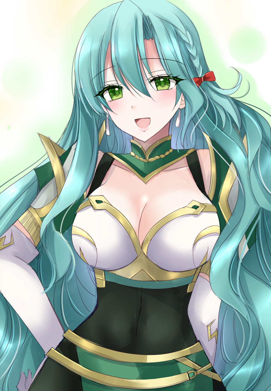 1girls :d aqua_hair blush bow breasts chloe_(fire_emblem) cleavage commentary earrings elbow_gloves female female female_only fire_emblem fire_emblem_engage gloves green_eyes hair_between_eyes hairbow highres jewelry kirishima_riona large_breasts long_hair looking_at_viewer nintendo open_mouth red_bow smile solo upper_body very_long_hair white_gloves