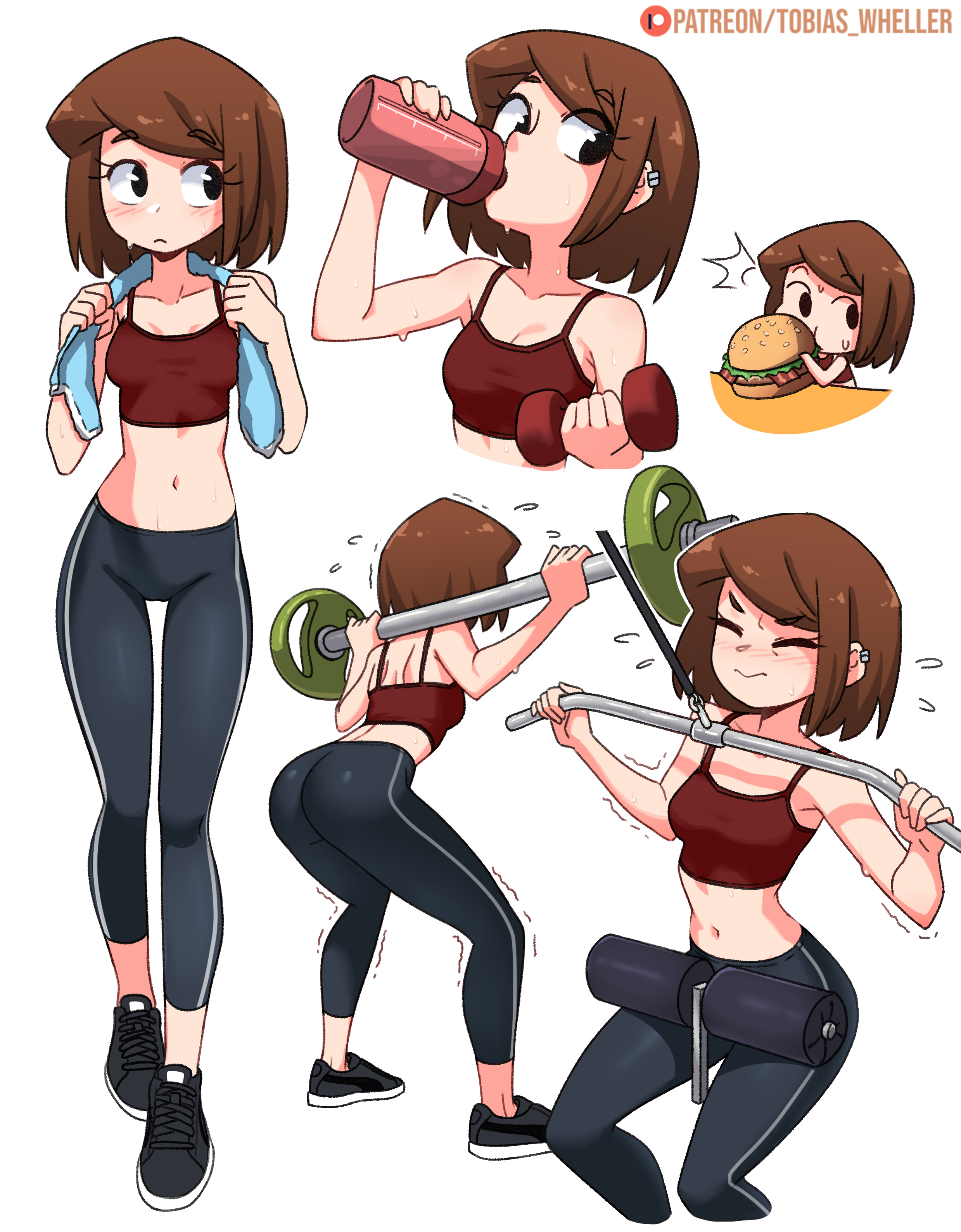ass, belly button, breasts, brown hair, burger, cassie (tobias wheller), cleavage, ear piercing, female, food, hamburger, leggings, midriff, navel, original, sweat, sweating, thigh gap, tobias wheller, towel, water bottle, weightlifting, working out, workout, workout clothes