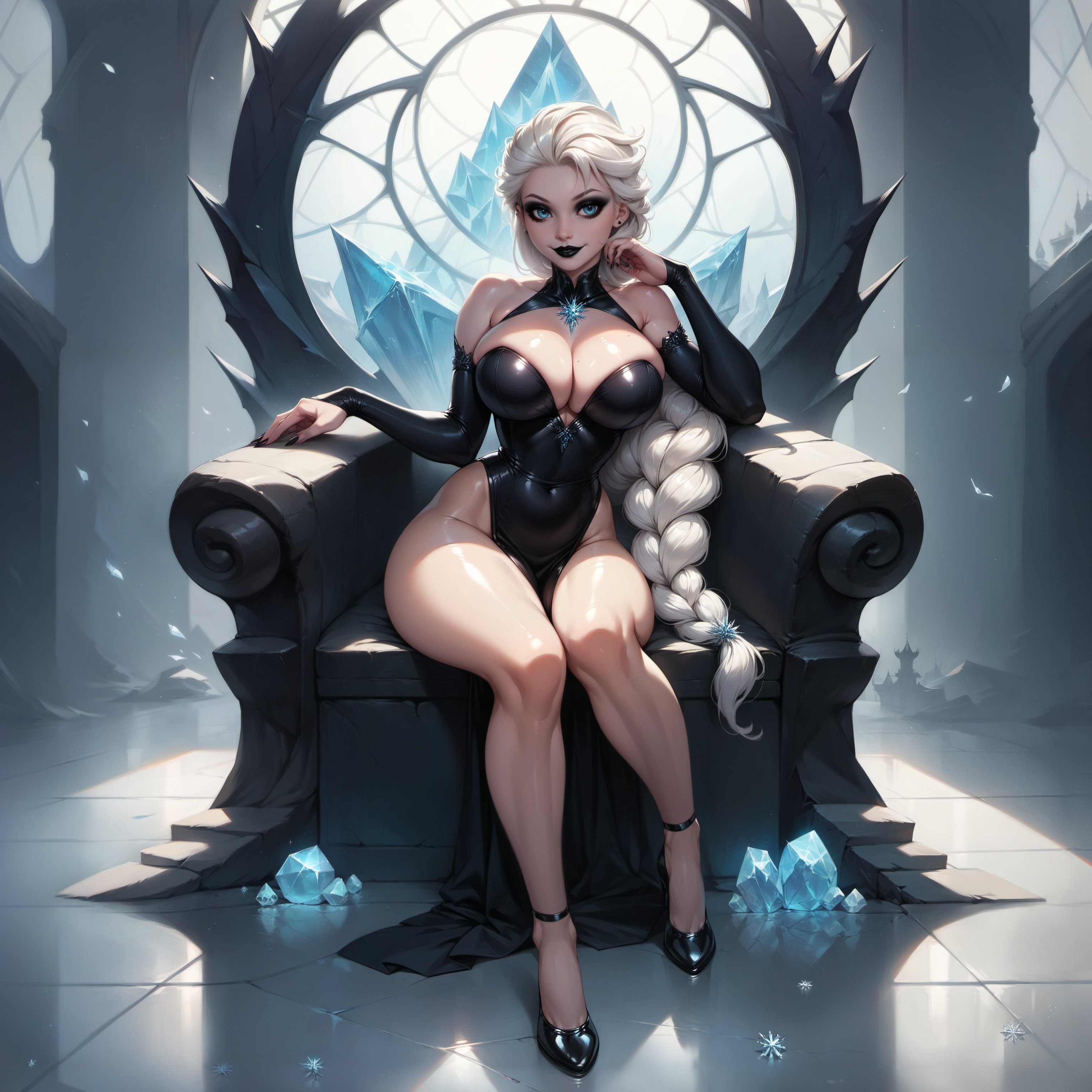1girls, ai generated, big breasts, braided hair, breasts, cleavage, clothing, disney, dress, elsa (frozen), female, frozen (film), frozen 2, goth, goth girl, large breasts, league69, long hair, looking at viewer, sitting, sitting down, solo, thighs