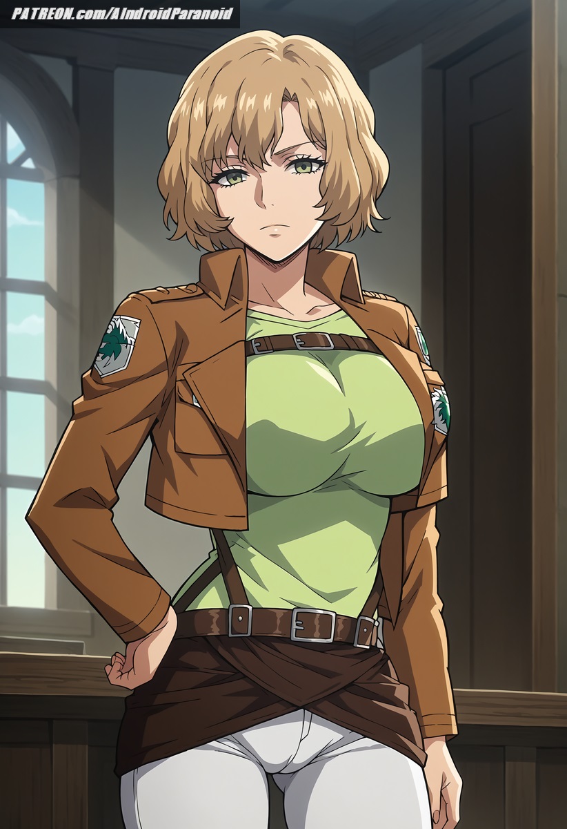 ai_generated aindroidparanoid attack_on_titan bedroom belts big_breasts blonde_hair breasts busty cameltoe cute female green_eyes hips hitch_dreyse huge_breasts indoors jacket large_breasts legs narrow_waist pants shingeki_no_kyojin short_hair slim_waist soldier stable_diffusion taller_girl tight_clothing wavy_hair