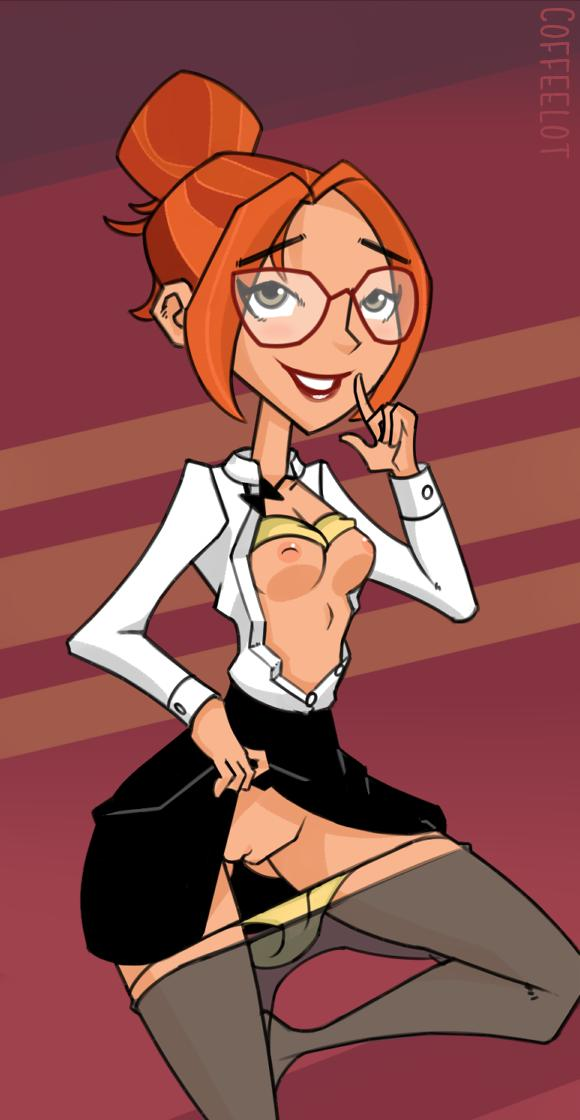 2019 big_hero_6 big_hero_6:_the_series breasts brown_eyes coffeelot disney disney_channel female female_focus female_only glasses honey_lemon marvel nipples open_clothes orange_hair panties_down purple_background pussy red_lips red_lipstick shirt shirt_lift skirt skirt_lift small_breasts