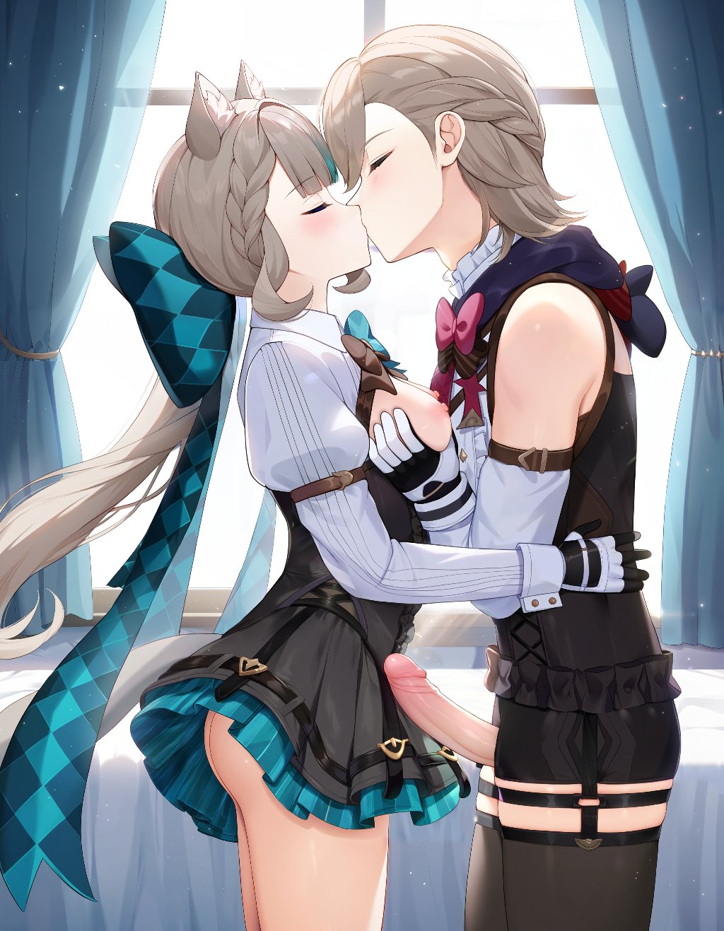1boy, 1girls, ai generated, ass, blush, breast grab, breasts, breasts out, brother and sister, cat girl, catgirl, closed eyes, dress, erect penis, erection, female, genshin impact, groping, imminent sex, incest, kiss, kissing, lynette (genshin impact), lyney (genshin impact), male, nipples, penis, siblings, skirt, small breasts, standing, thighhighs, twins, uncensored