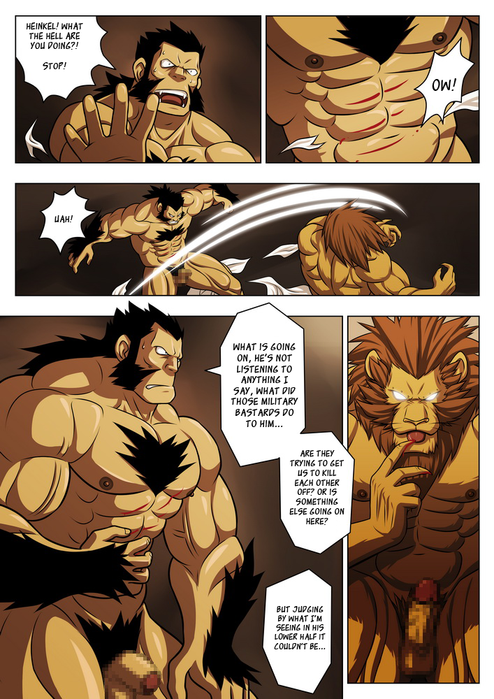 2boys abs anthro balls blood censored comic darius_(fullmetal_alchemist) english_text feline fullmetal_alchemist fur furry gay hairy heinkel human lion male male/male male_only muscles pecs penis translated yaoi zelo_lee