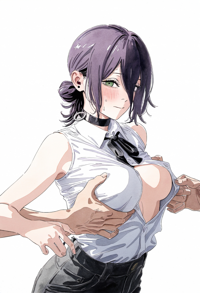 ai generated, big breasts, black hair, blush, blush lines, breast grab, breast squeeze, breast squish, breasts, chainsaw man, choker, choku to-san no kyonyū, devil, embarrassed, embarrassed female, female, leaning forward, long hair, looking at viewer, medium breasts, open shirt, purple hair, reze (chainsaw man), teenager, tied hair