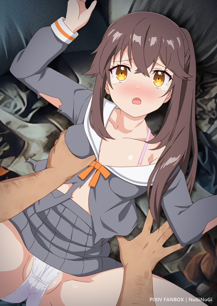 1girls :o amber_eyes blush bra_strap breast_grab breasts brown_hair commentary crying crying_with_eyes_open imminent_rape long_hair long_sleeves looking_at_viewer male_pov molestation nuginugi on_back open_mouth otonari-san paid_reward_available panties partially_visible_vulva pink_bra pleated_skirt pov rapist_pov sasaki_to_pii-chan school_uniform serafuku sidelocks skirt skirt_lift solo_focus spread_legs tears torn_clothes white_panties worried