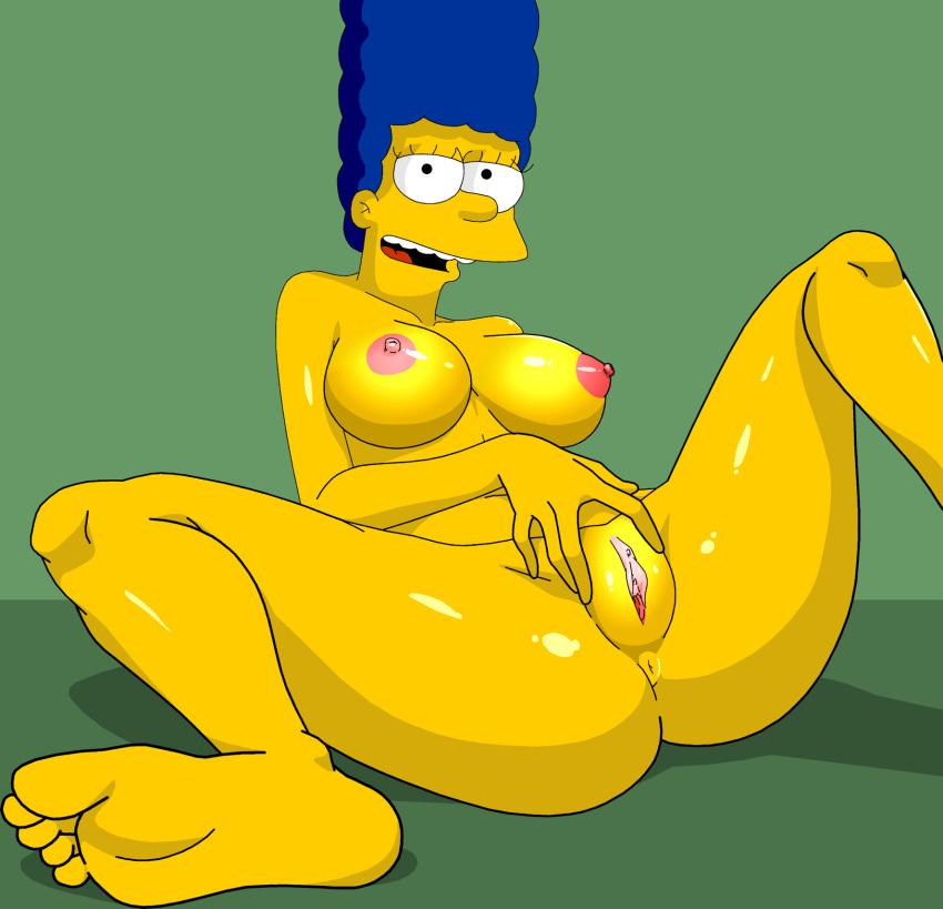 20th_century_studios accurate_art_style big_breasts blue_hair female hair_blue marge_simpson milf shaved_pussy solo_female the_simpsons yellow_body yellow_skin