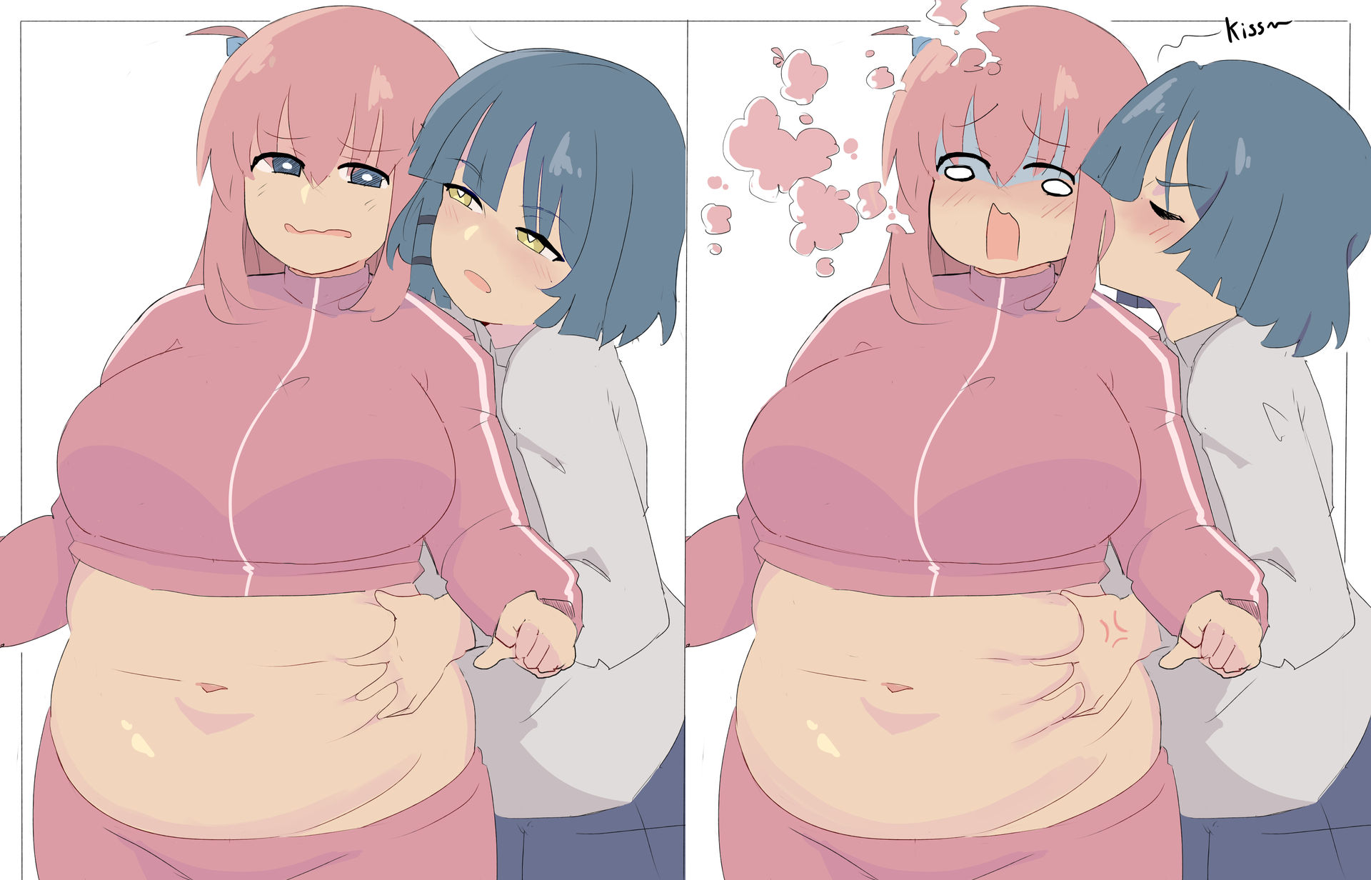 2girls, absurdres, anger vein, belly grab, blue eyes, blue hair, blunt bangs, blush, bocchi the rock!, breasts, chubby, chubby female, clenched hand, english text, fat, fat fetish, female, gotou hitori, hand on another's stomach, highres, kissing, kissing cheek, large breasts, lesbian, long hair, long sleeves, looking to the side, medium hair, multiple females, multiple girls, napolitane, navel, open mouth, outside border, overweight, overweight female, parted lips, pink hair, simple background, upper body, yamada ryou, yellow eyes, yuri