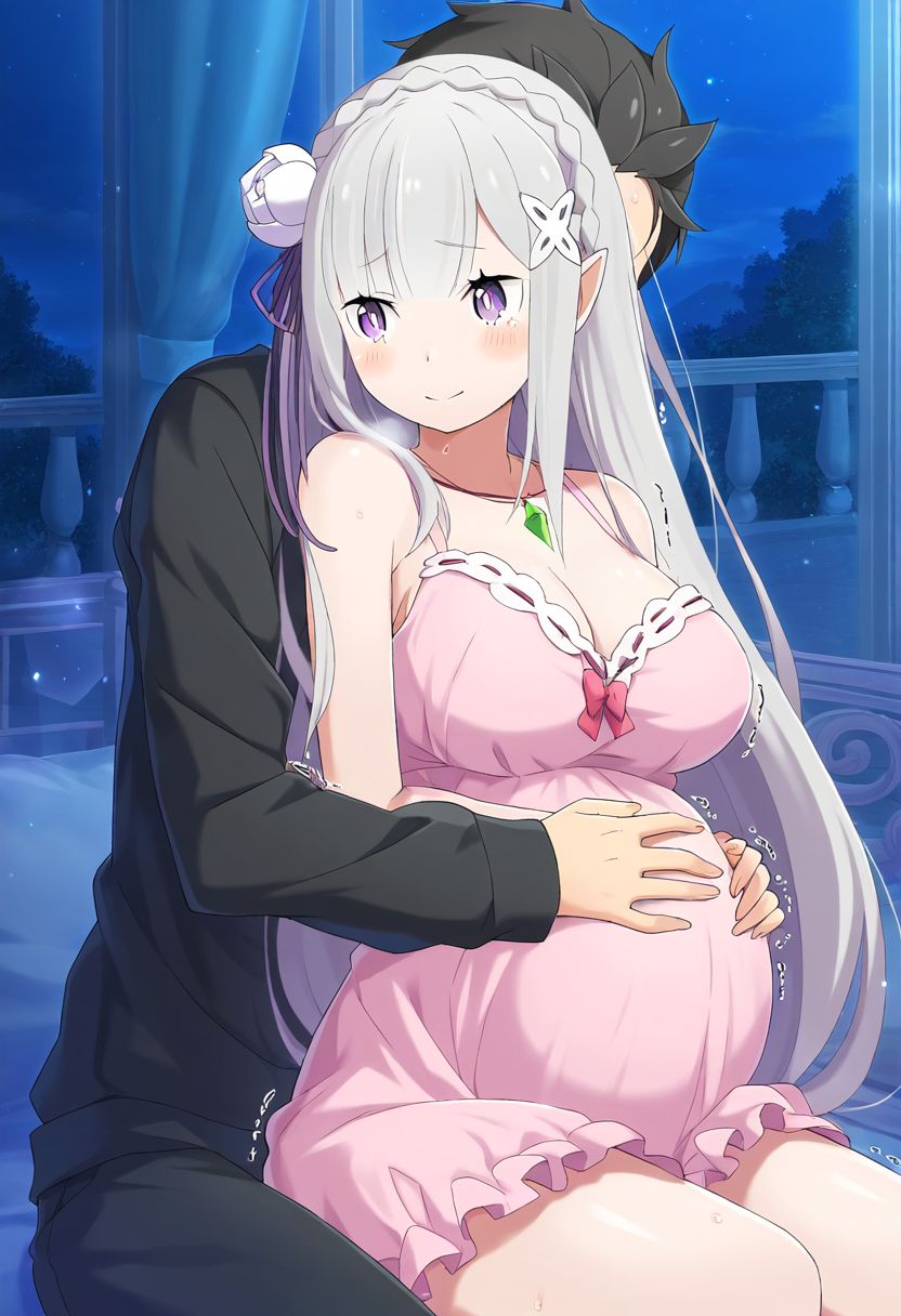 ai generated, big breasts, breasts, elf, elf ears, elf female, elf girl, emilia (re:zero), female, half-elf, light skin, light-skinned female, long hair, male, natsuki subaru, pointy ears, pregnant, pregnant belly, pregnant female, purple eyes, re:zero kara hajimeru isekai seikatsu, silver hair, very long hair, white hair