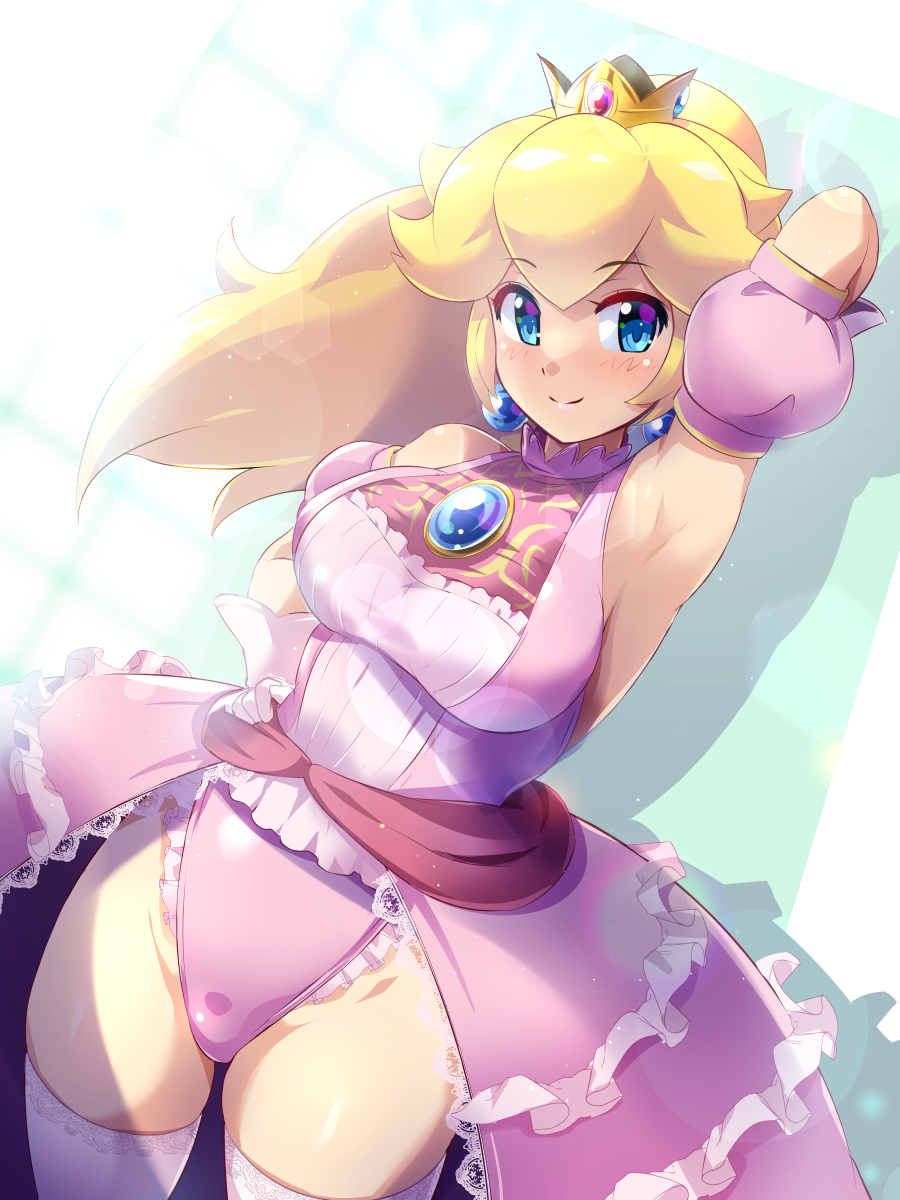 1girls blonde_hair blue_eyes breasts crown dress earrings female female_only fully_clothed gloves hand_on_hip konpeto large_breasts leotard leotard_under_clothes looking_at_viewer mario_(series) nintendo pink_dress pink_leotard ponytail princess_peach puffy_detached_sleeves revealing_clothes showgirl_skirt stockings thighhighs