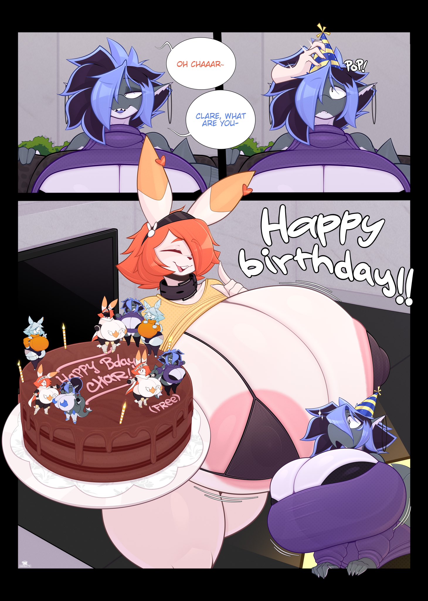 2girls, big breasts, breasts, busty male, cake, char (nonarycubed), clare (themushlord), coffilatte, female, female focus, female only, fish, furry, huge breasts, hyper breasts, male, male with breasts, shark, thick thighs, tristan (bluebunboi), wholesome, wide hips