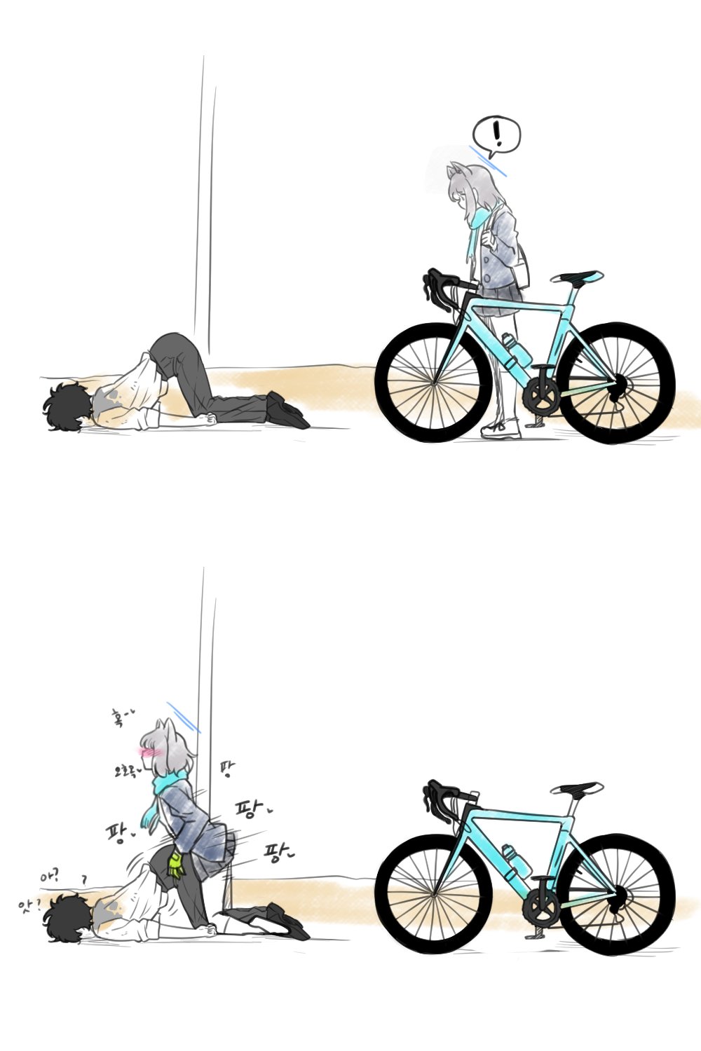 artist_request ass_grab ass_up bike blue_archive clothed_sex doggy_style exclamation_mark grey_hair halo implied_sex sensei_(blue_archive) sensei_(blue_archive_the_animation) shiroko_(blue_archive)