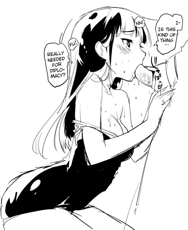 bare_shoulders blush fellatio hard_translated large_breasts long_hair monochrome motsu_(artist) mozu_(peth) off_shoulder one-piece_swimsuit oral penis sakamoto_mio strike_witches swimsuit translated uncensored