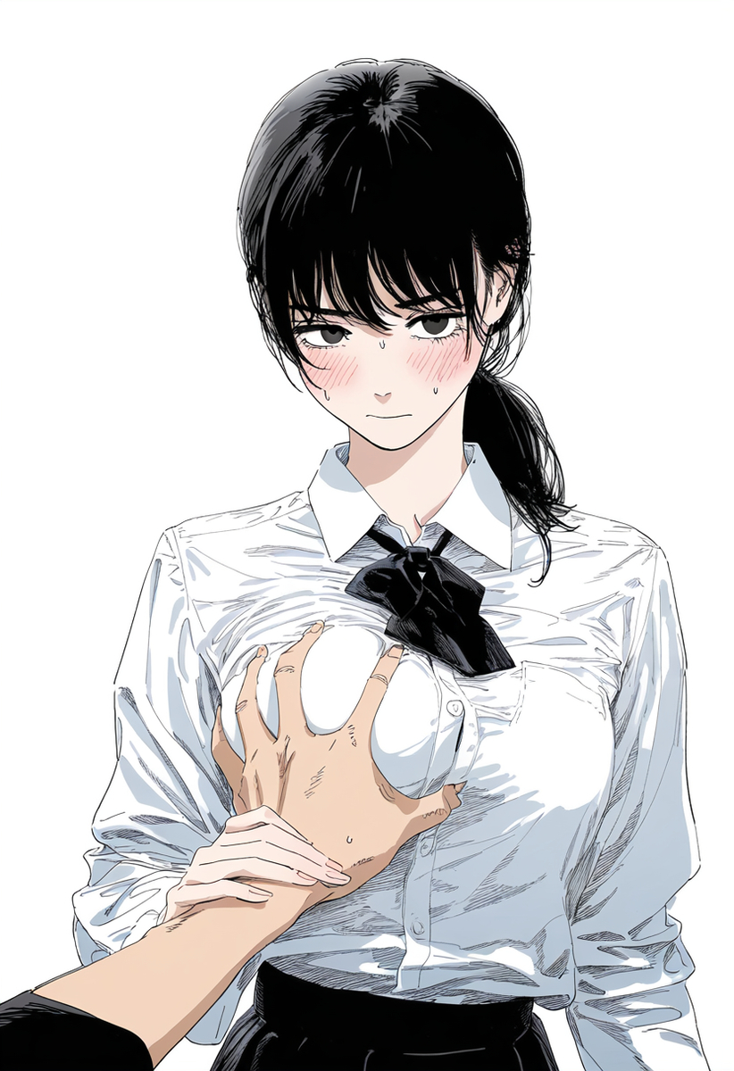 ai generated, big breasts, black hair, blush, blush lines, breast grab, breast squeeze, breast squish, breasts, chainsaw man, choku to-san no kyonyū, devil, embarrassed, embarrassed female, female, long hair, looking at viewer, mitaka asa, teenager