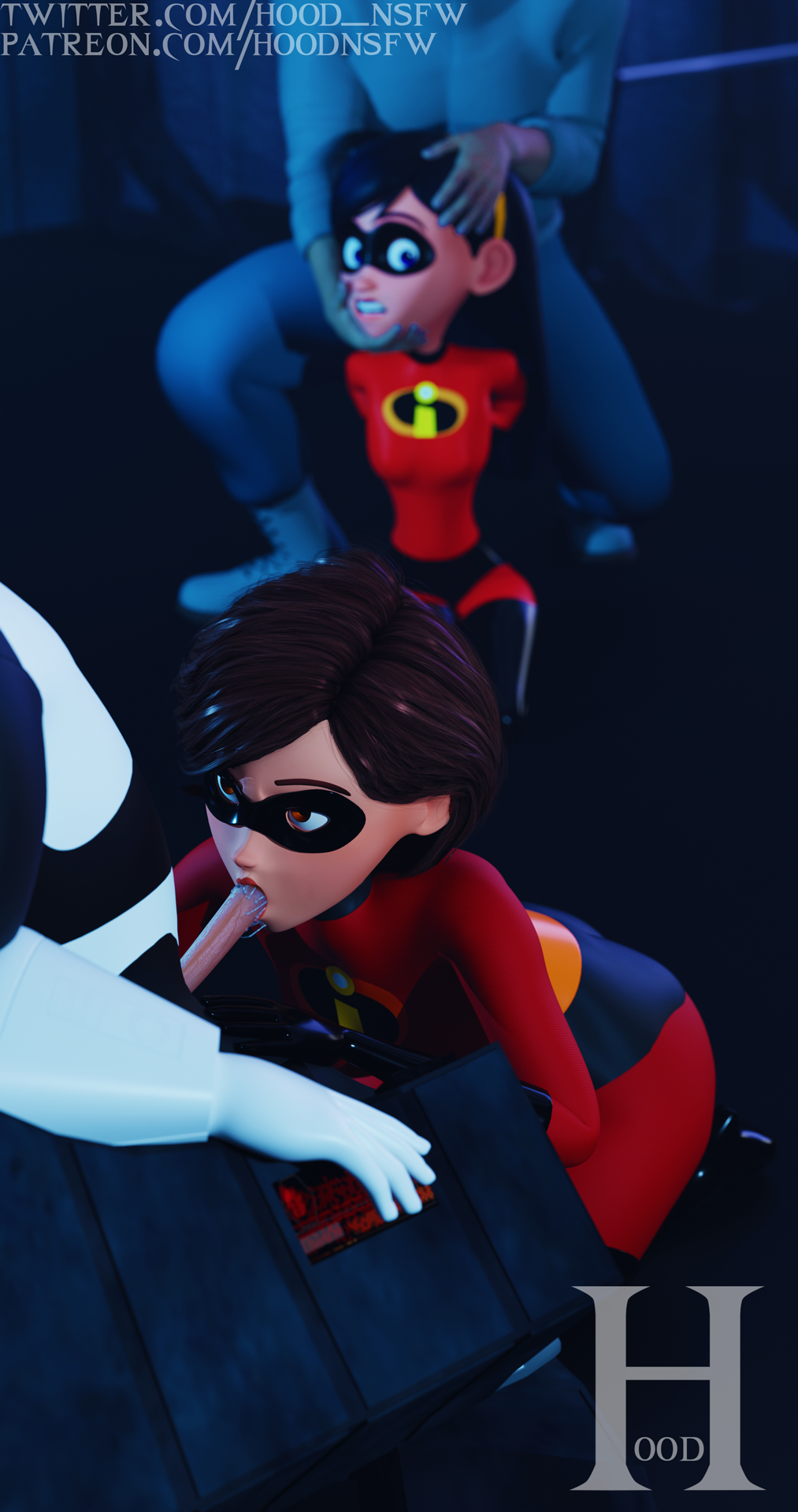 2boys 2girls black_hair blowjob brown_eyes brown_hair elastigirl fellatio female forced_oral forced_to_watch head_grab helen_parr human male milf mother_and_daughter multiple_boys multiple_girls penis protagonistsub_antagonistdom self_upload sfm_hood superhero_costume superheroine supervillain supervillain_costume syndrome the_incredibles violet_parr watching