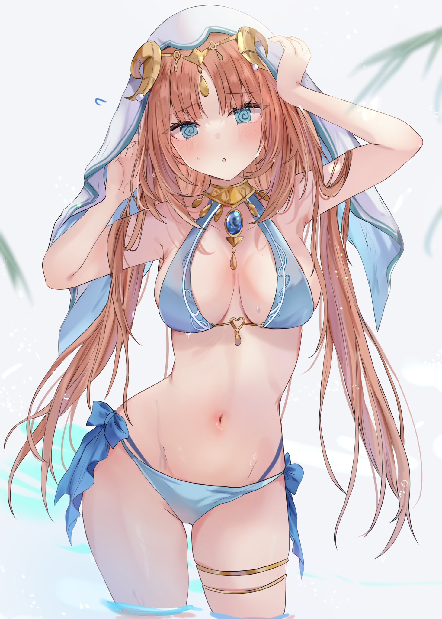 2d, 2d (artwork), alternate costume, arms up, bikini, blue bikini, blue eyes, blush, bow, breasts, cleavage, collar, embarrassed, embarrassed female, female, female focus, female only, front view, genshin impact, hands up, high resolution, highres, horns, hourglass figure, hoyoverse, jewelry, light skin, light-skinned female, long hair, looking at viewer, maruro, medium breasts, metal collar, mihoyo, navel, nilou (genshin impact), red hair, revealing clothes, solo, solo female, standing, standing in water, swimsuit, swimwear, thighs, thong, thong bikini, two piece swimsuit, water, young, younger female