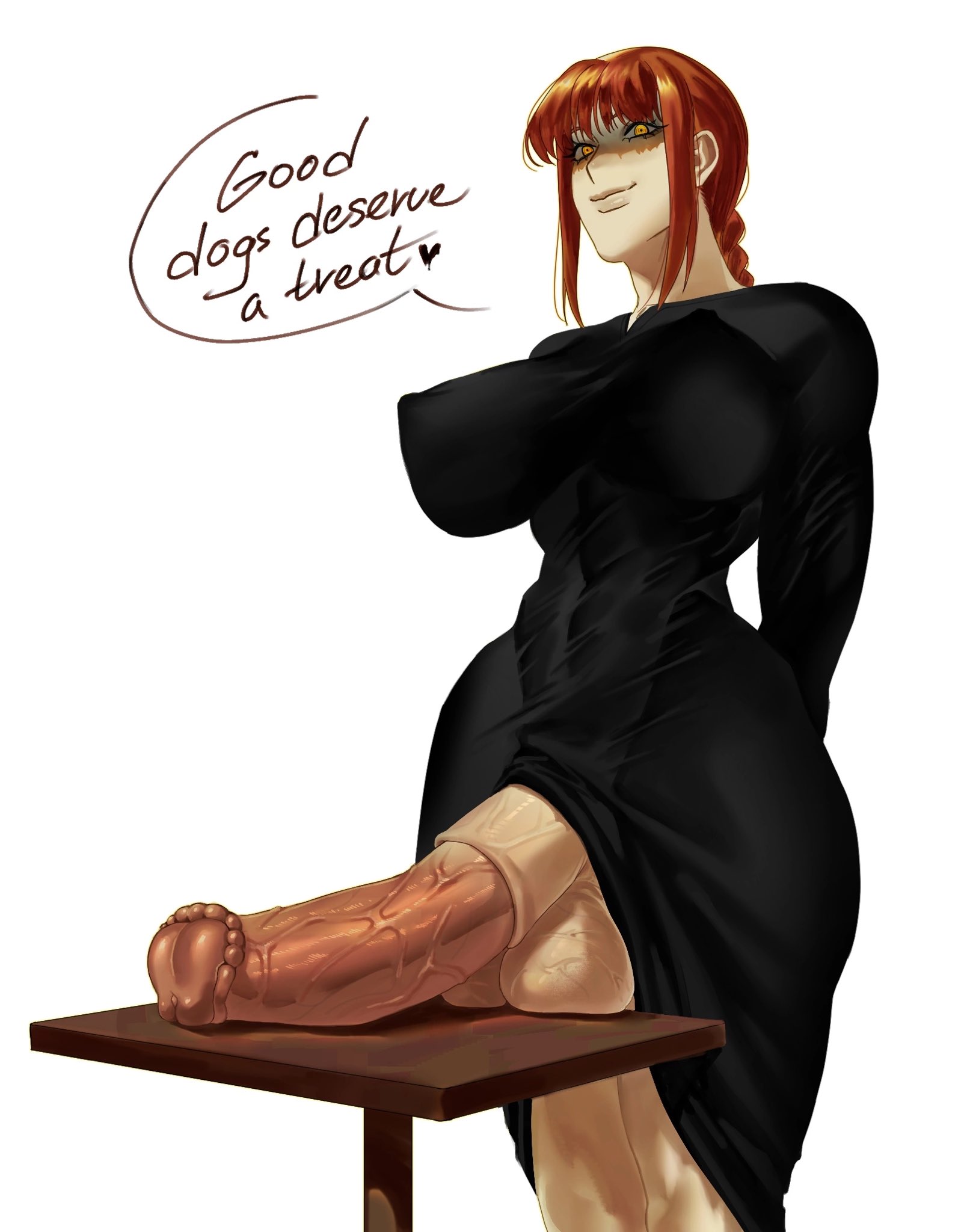 1futa, balls, bangs, big breasts, big penis, bottomless, breasts, chainsaw man, clothed, clothing, demon, demon girl, dialogue, erection, female, futa only, futanari, horse penis, horsecock, horsecock futa, huge balls, huge cock, human, human with animal genitalia, human with horsecock, intersex, large breasts, lesox222, light skin, light-skinned futa, long hair, looking at viewer, makima (chainsaw man), mostly clothed, pale skin, pale-skinned futa, penis, red hair, solo, standing, text, thick thighs, wide hips, wide thighs, yellow eyes