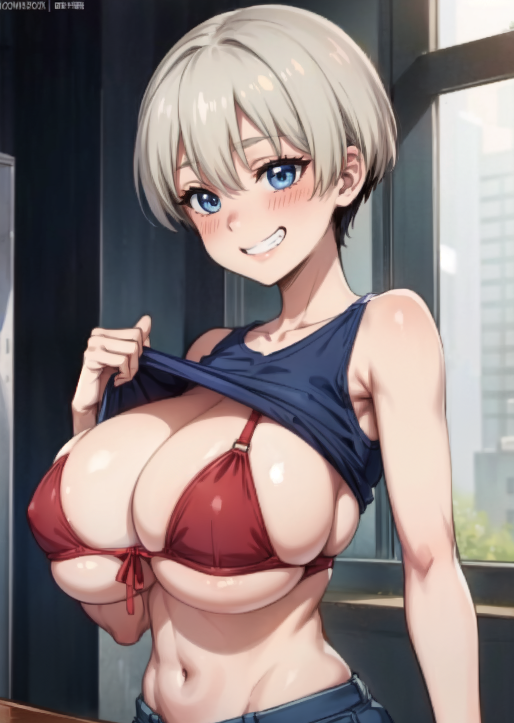 1girls ai_generated big_breasts blush bra bursting_breasts cleavage female female_only flashing flashing_breasts front-tie_bikini grey_hair grin hana_uzaki huge_breasts indoors inside jeans large_breasts looking_at_viewer midriff navel red_bra shirt_lift shirt_up short_hair sideboob skindentation solo solo_female stable_diffusion tampopo underboob uzaki-chan_wa_asobitai! uzaki_hana