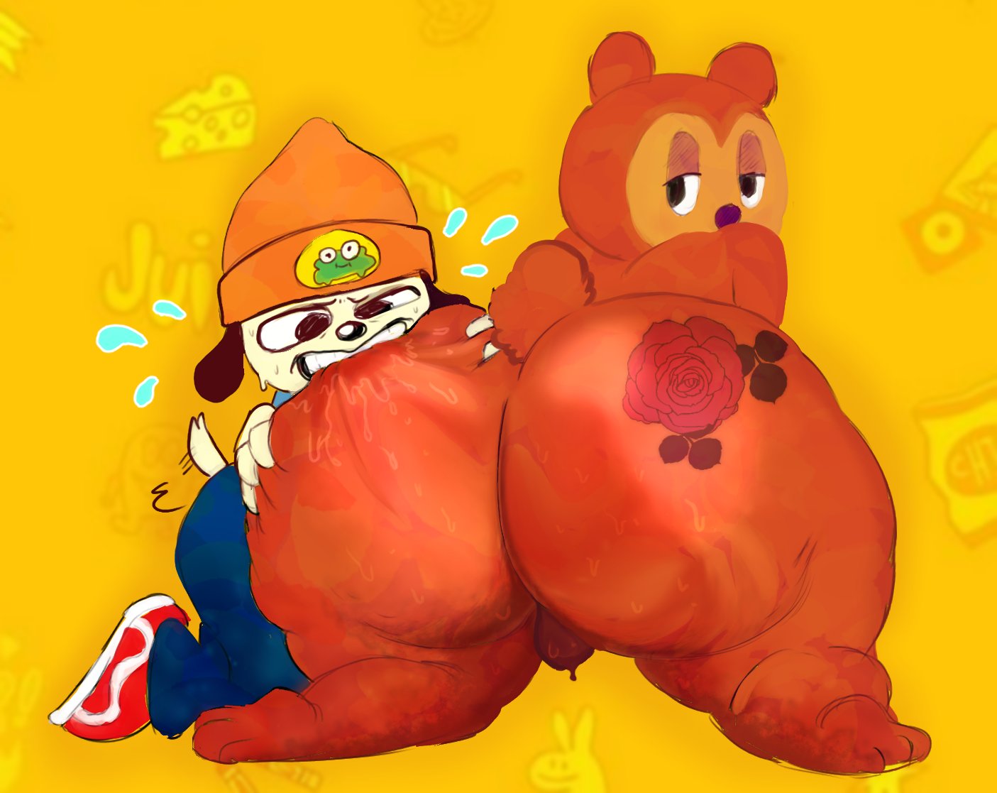 2boys anthro ass_tattoo backsack big_ass biting_ass gay huge_ass looking_back male/female non-human non-human_only parappa parappa_the_rapper pj_berri rose rose_(flower) simple_background steam sweat syrupglazed tattoo_on_butt toony yaoi yellow_background